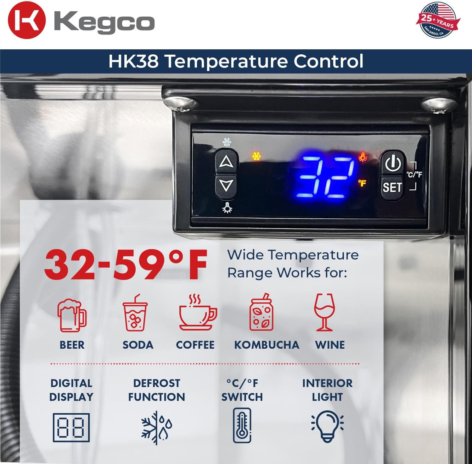 Kegco Kegerator 24" Wide Triple Tap Black/Stainless Steel Undercounter Beer Dispenser HK38BSU-L-3