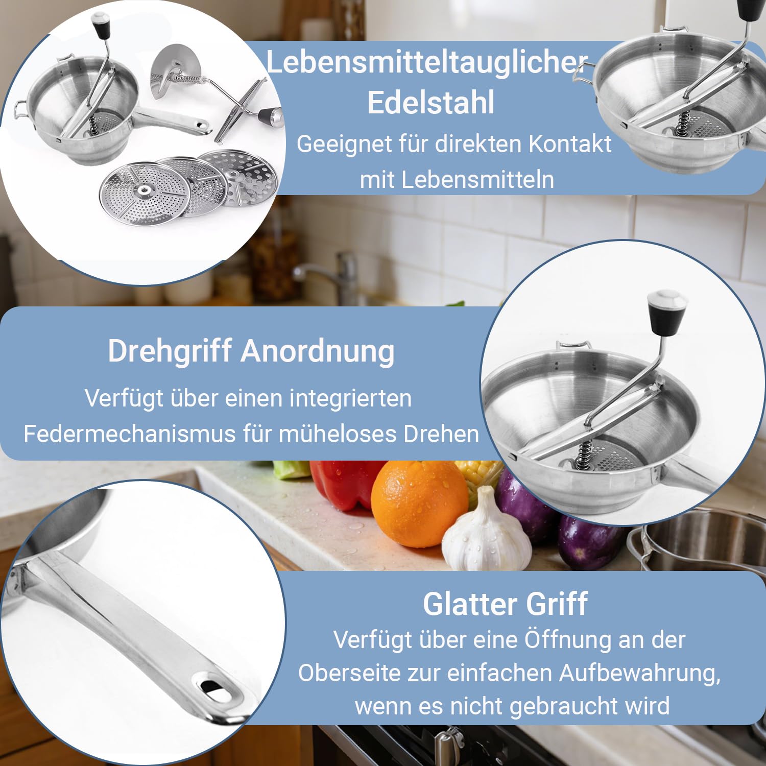 Passiergerät mit 3 Passiersieb,Manuelle Kartoffelstampfer Edelstahl,Classic Potato Masher,Kartoffelpresse Edelstahl,Passiermühle Gemüsemühle,für Soße, Kartoffelpüree,Marmelade