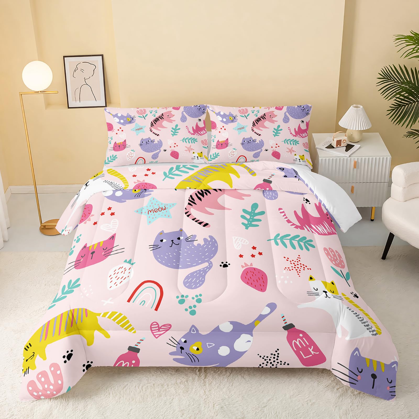 QOOMO Kawaii Cats Comforter Twin Size,Pink Cats Kids Comforter Set,3Pcs Bedding Set Printed Comforter with 2 Pillowcases,Down Alternative,Soft and