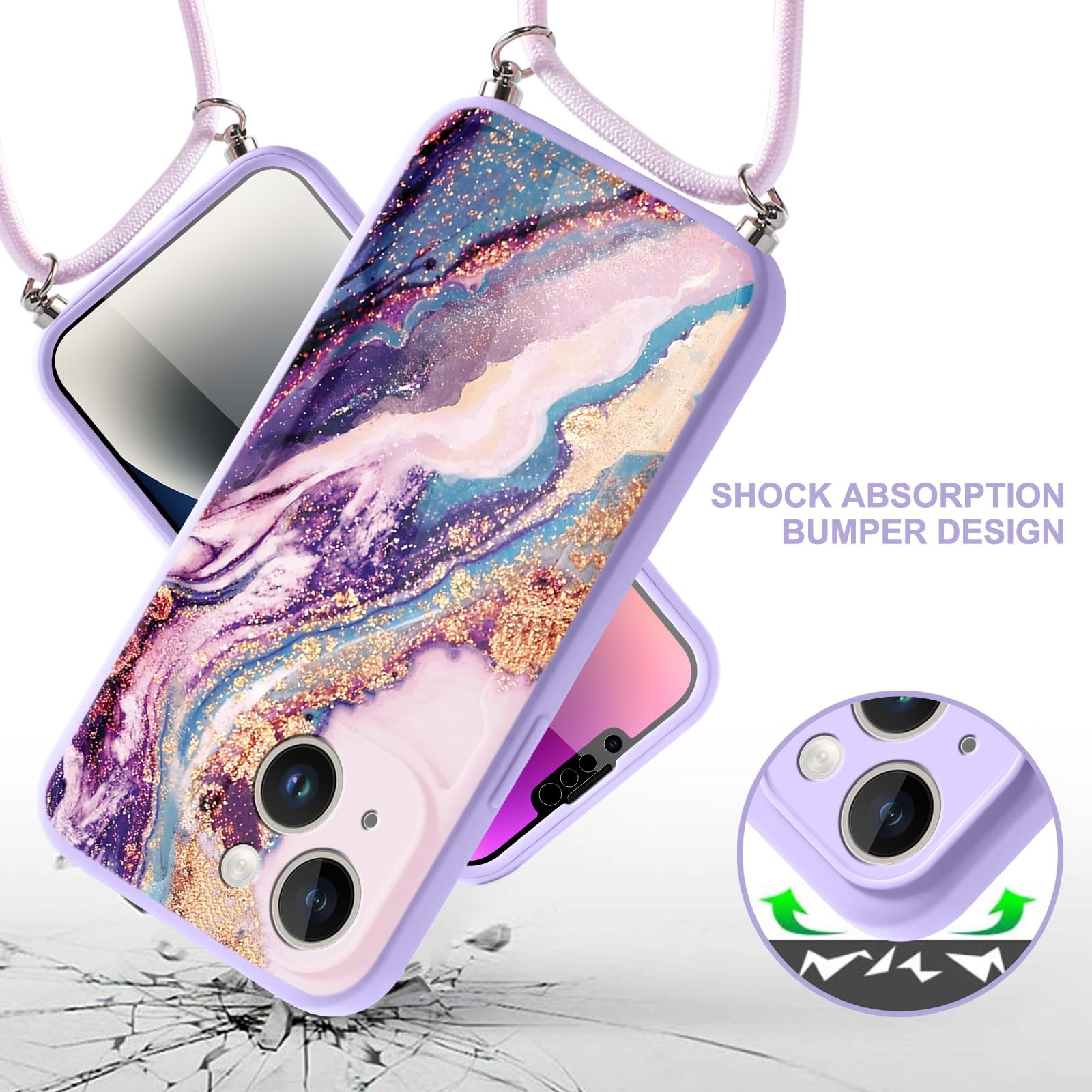 Yirlbey Handyhülle Mit Band Für IPhone 12 – Blumenmotiv, Transparent, Stoßfest & Mit Umhängekette