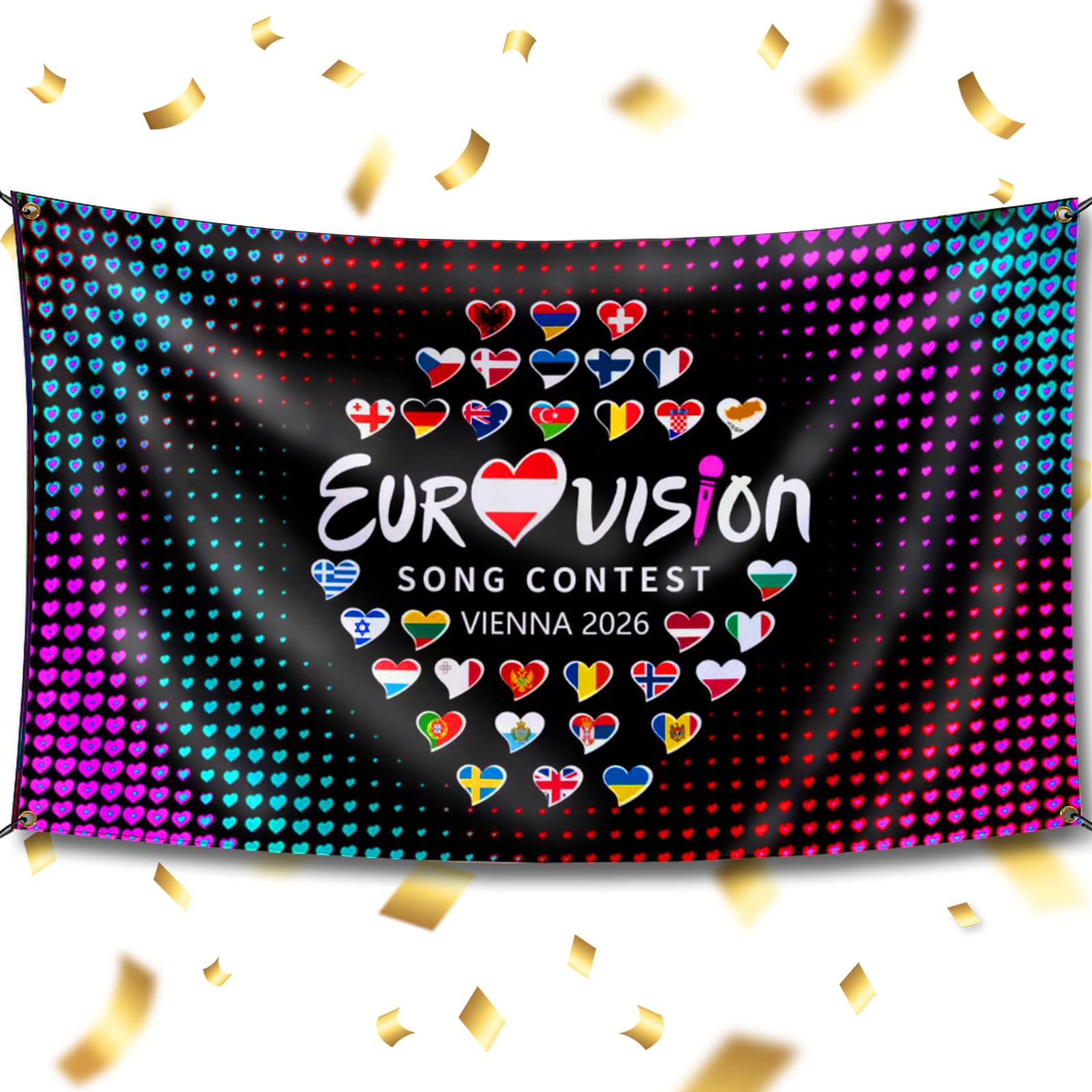 Eurovision 2026 Party Decorations Flag Banner, Eurovision Song Contest Austria Vienna Singing Competition Event in Europe Celebration for Home Garden Bar Street Decor 3 * 5FT 90x150 cm