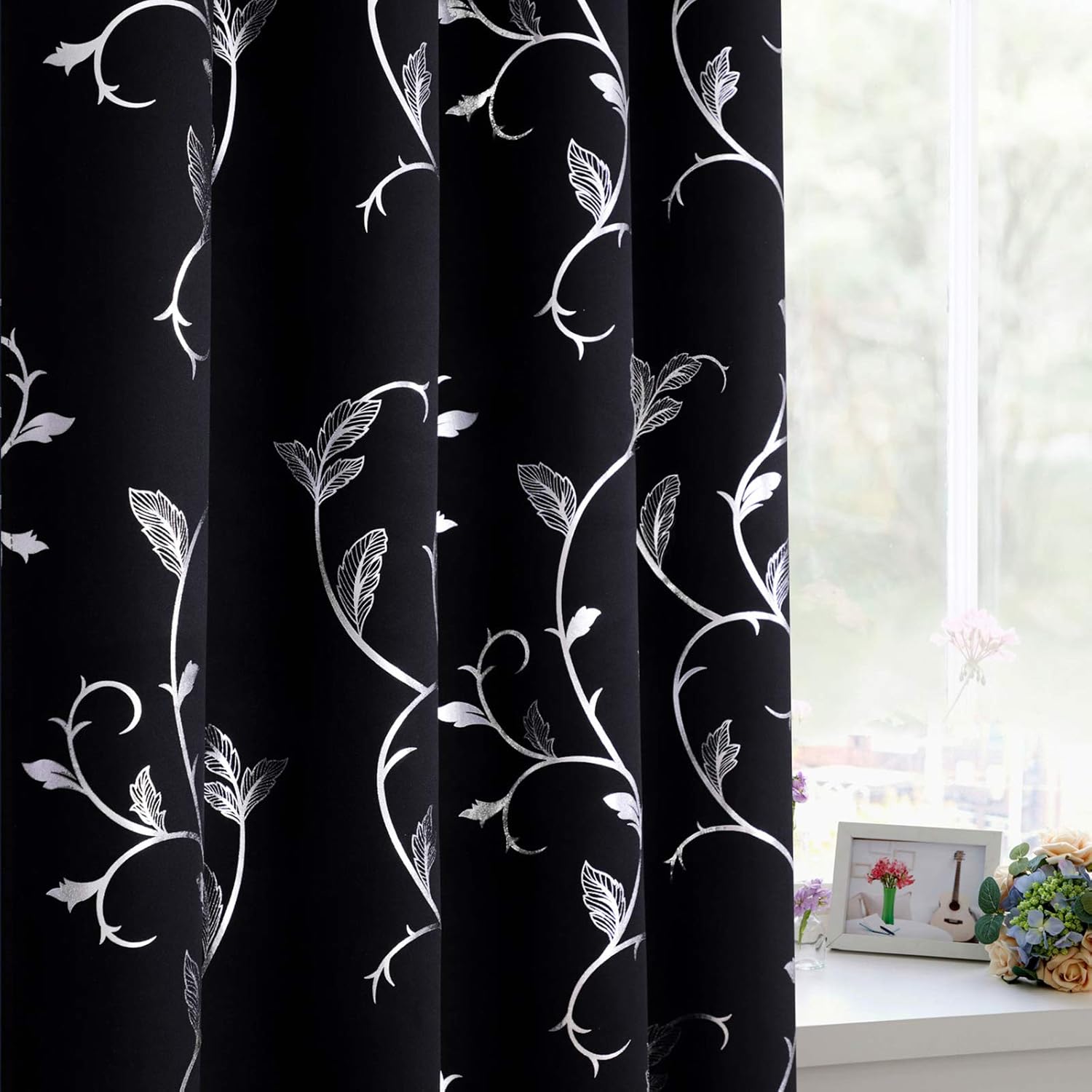 BUHUA Living Room Blackout Curtains with Elegant Vine Design Print 84 Inches Long Noise Reducing Curtains for Patio Door 52W×84L Black 2 Panels