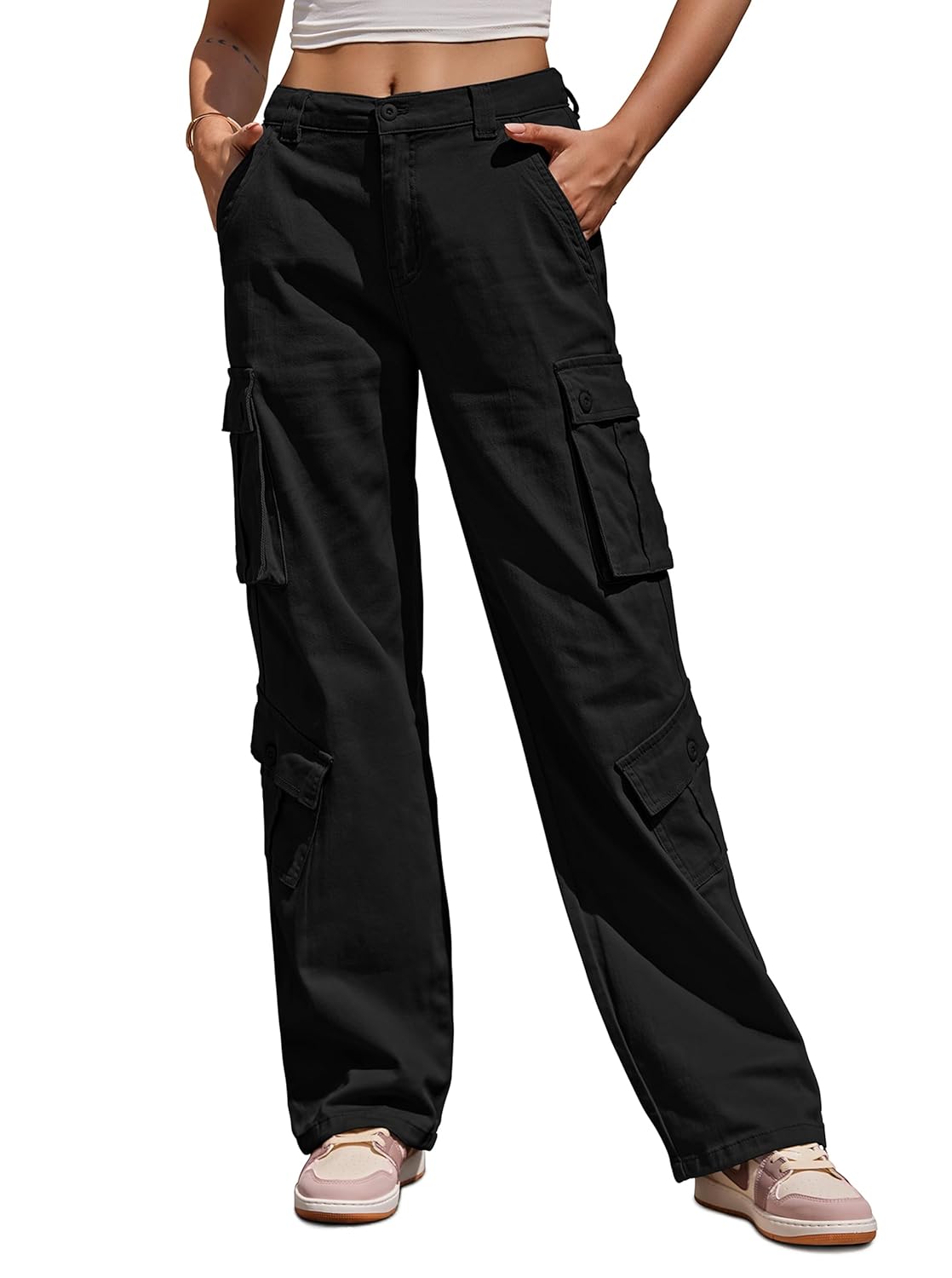 ZMPSIISA Women Pants High Waisted Cargo Pants Combat Military Wide Leg Casual Trousers 8 Pockets