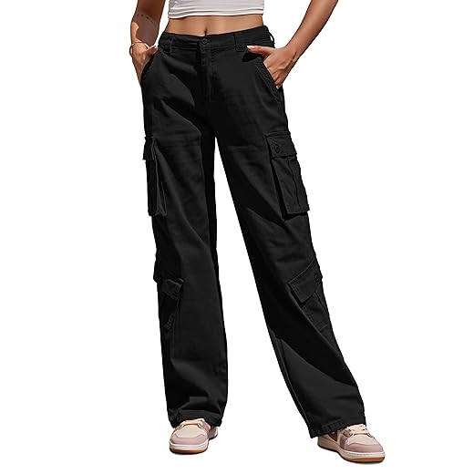 ZMPSIISA Women Pants High Waisted Cargo Pants Combat Military Trousers Wide Leg Casual Pants 8 Pockets (Black,Small)