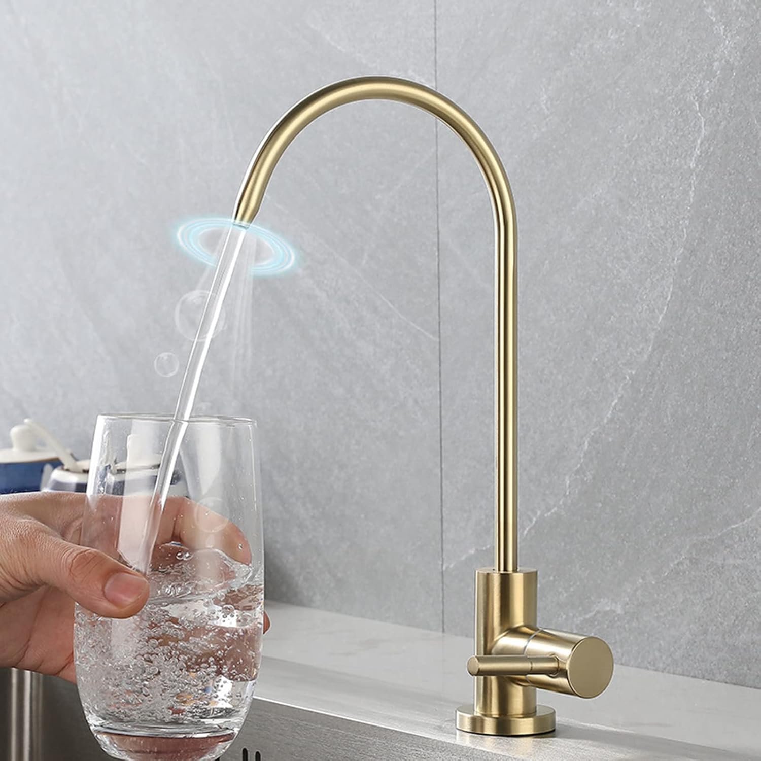 Water Filter Tap,Single Cold Kitchen Tap Gooseneck Drinking Water Tap Fits All Water Reverse Osmosis Systems,White，Brushed Gold