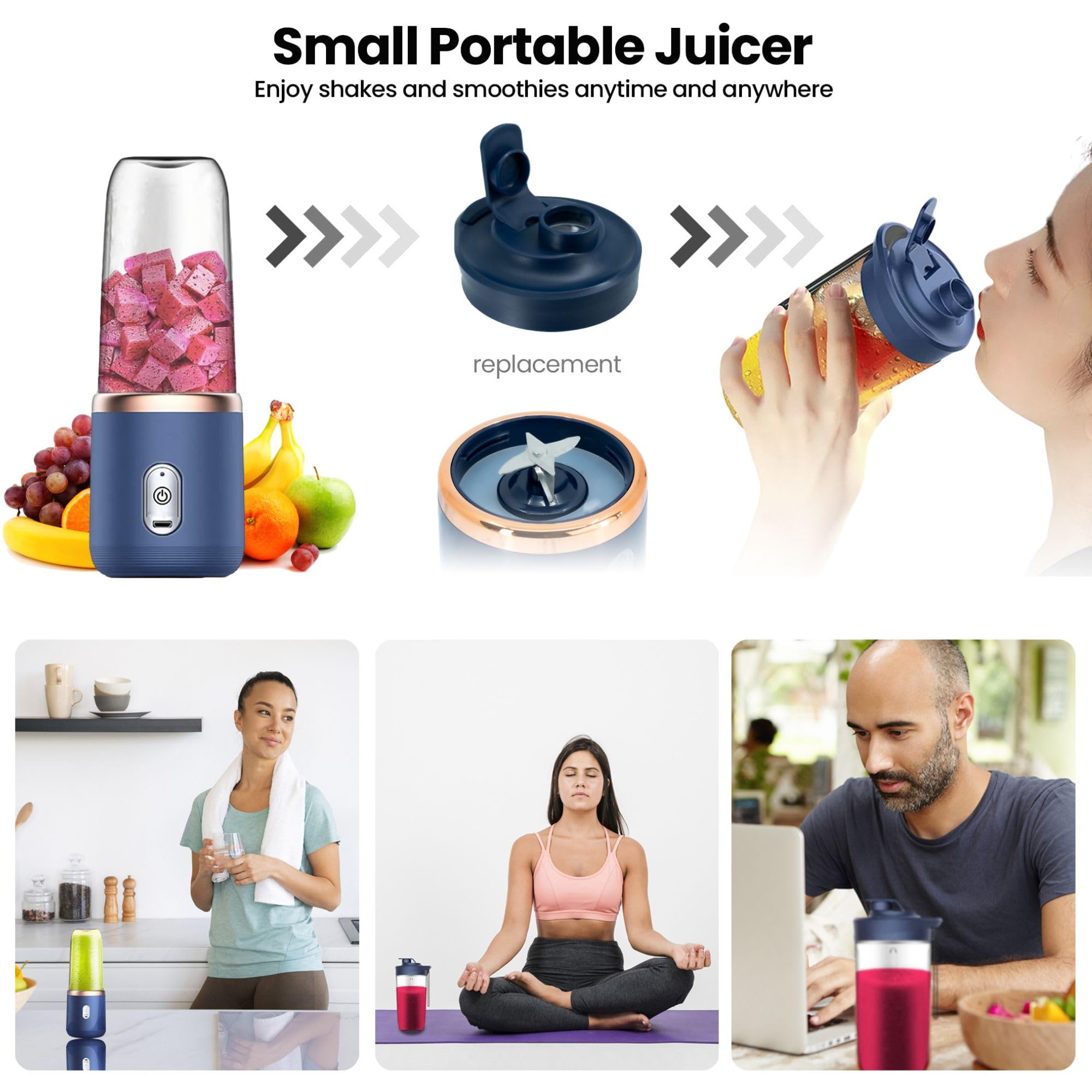 Regalosonline Portable Blender - 10 Oz Smoothie USB Charge Mini Blender BPA Free for Shakes and Smoothies with 6 Blades