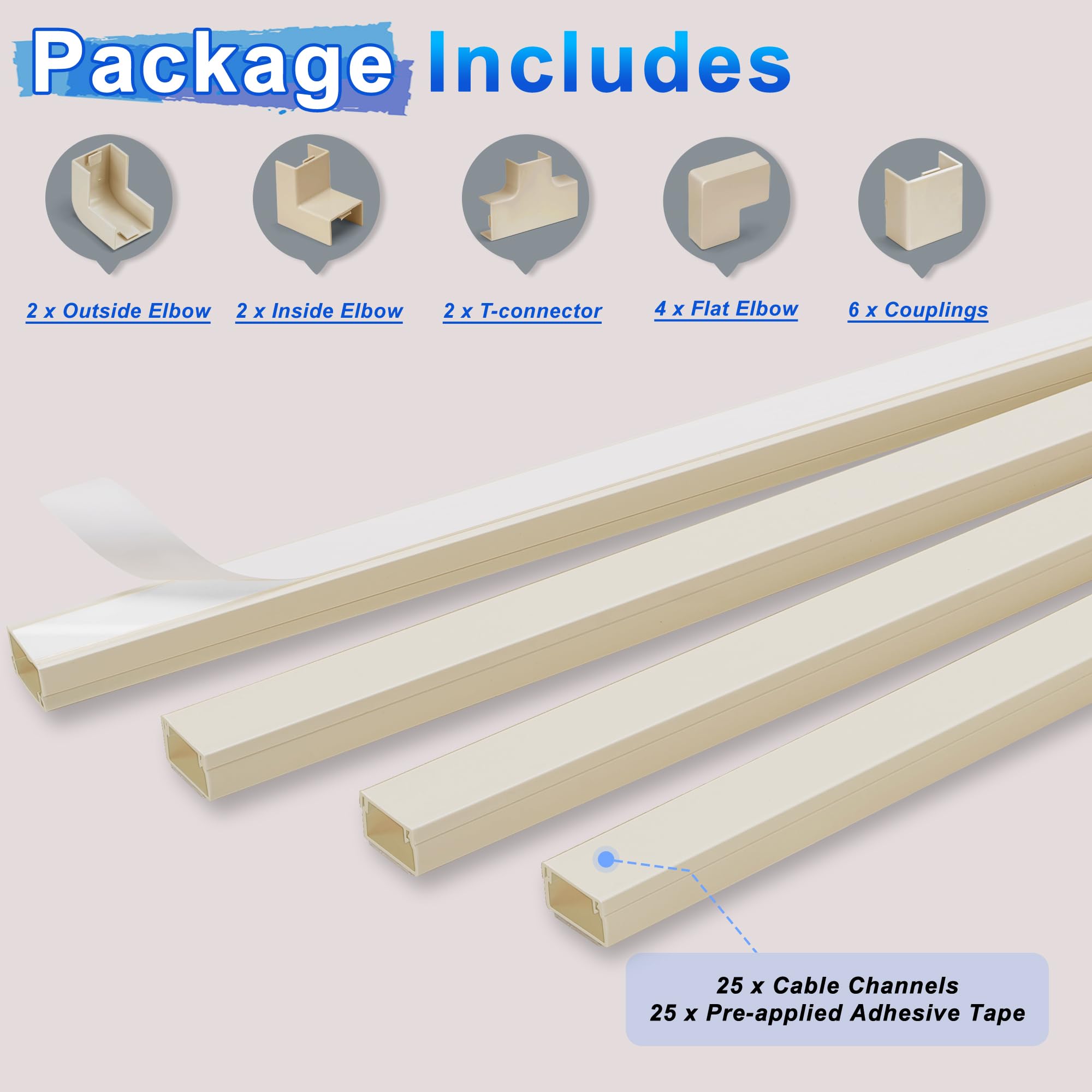 Housses de câbles pour kit de cordons – Cache-câbles beige, cache-câbles muraux, cache-câbles TV, cache-cordon – TV montée, cache-cordon – 25 x 15,7 cm (l x H) – 1,4 cm