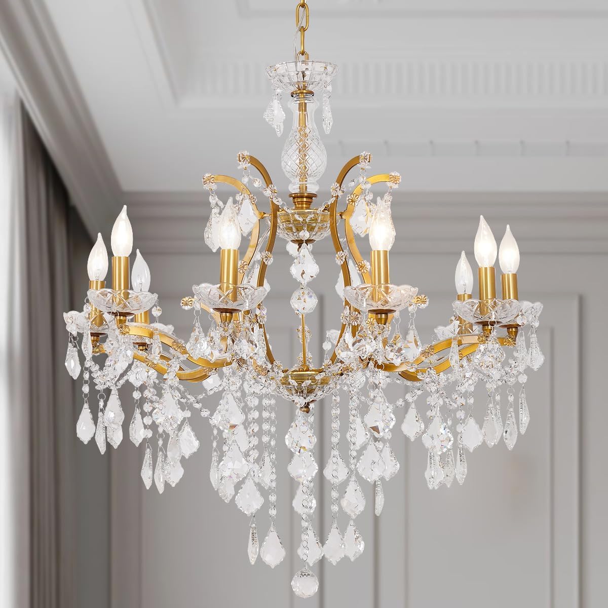 MEELIGHTING Polished Golden Bronze Chandelier, 10-Light Antique Gold Candle Pendant Ceiling Light Fixture with K9 Crystals for Dining and Living Room,