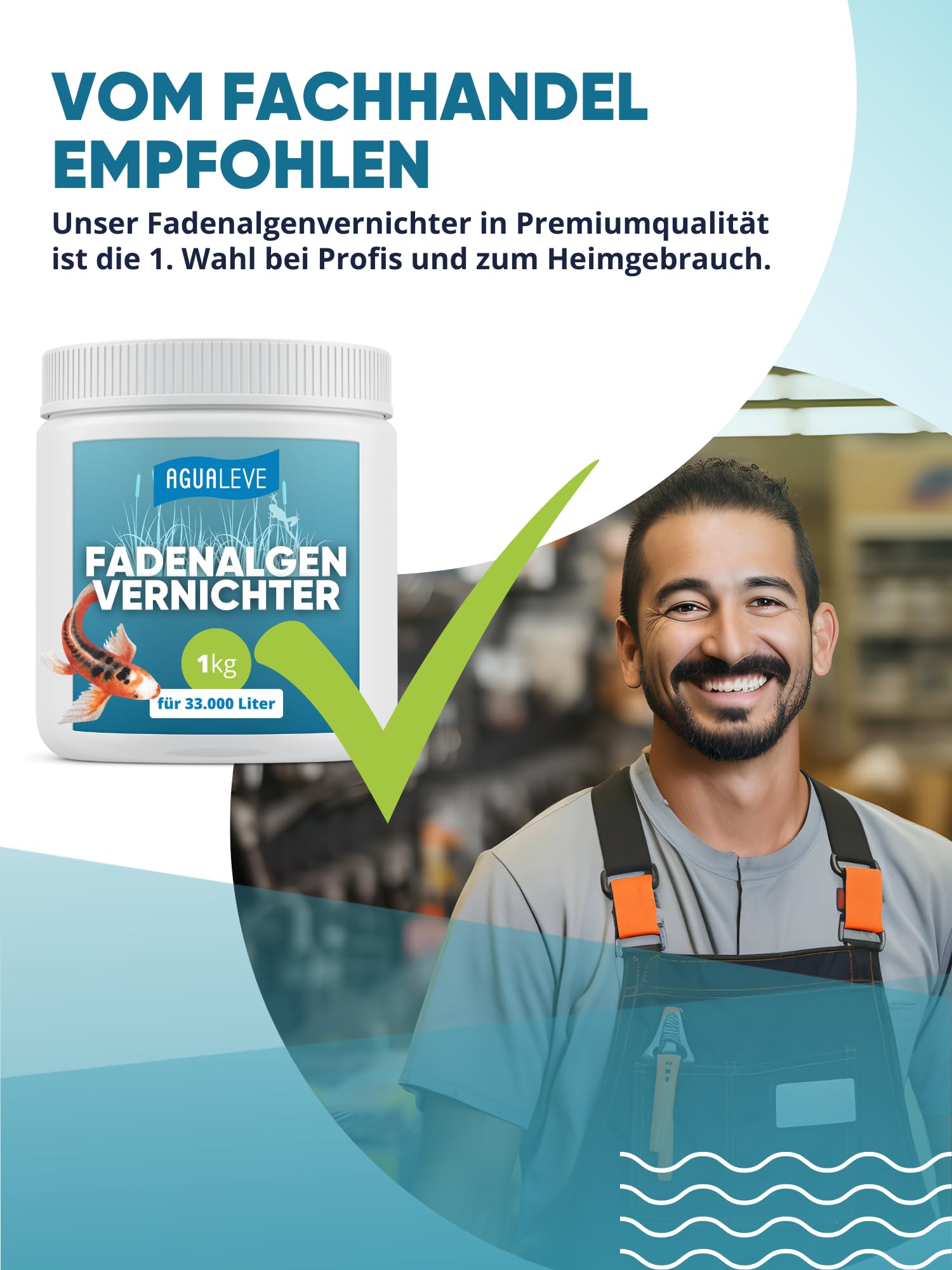 AGUALEVE® Fadenalgenvernichter 1kg *NEU* | extrem effektiv gegen Fadenalgen Dank innovativer Aktivsauerstoff-2.0-Formel | Fisch-, Garten- & Schwimmteiche | Made in Germany | für 33.000l Teichwasser