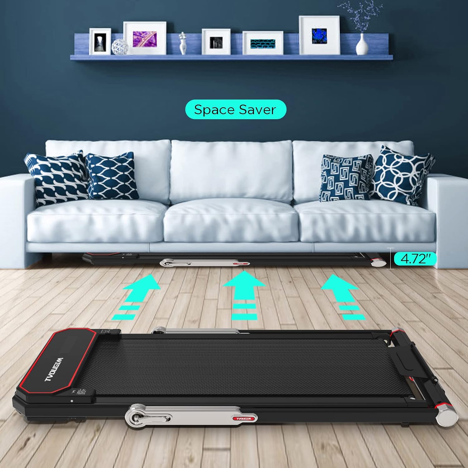 Image showing the treadmill folded flat and stored under a sofa, highlighting its space-saving design.