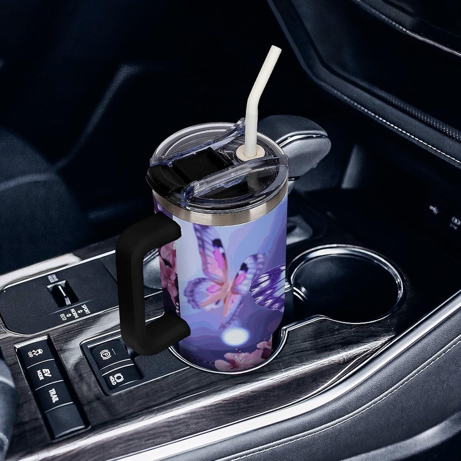 40 Oz Tumbler with Straw And Lid Purple Butterfly Insulated Travel Coffee Mug Stainless Steel Water Bottle Vacuum Insulated Tumblers for Sport Work Car Travel Weekends