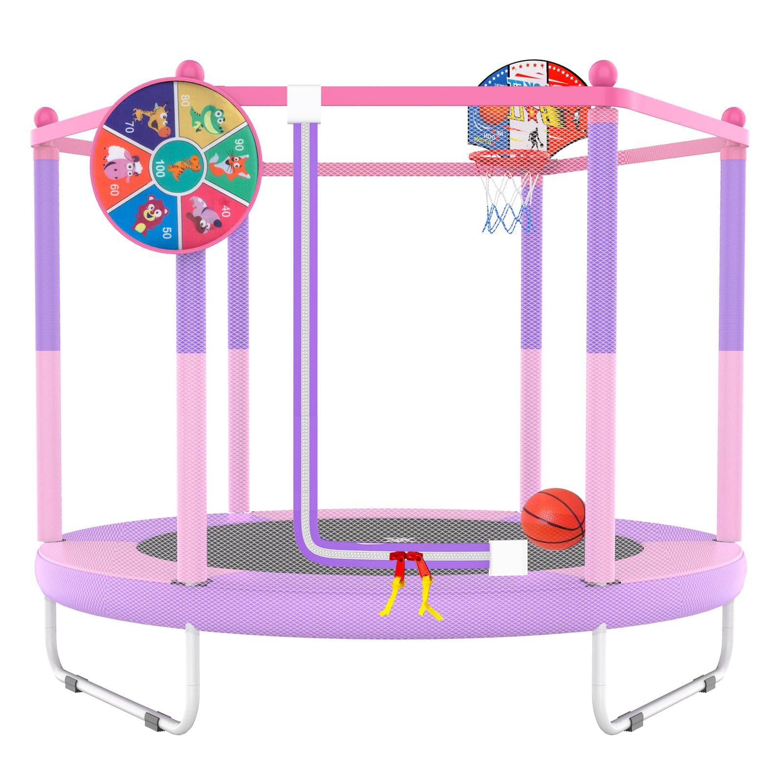 PILIN Cama elástica Infantil con aro de Baloncesto, Cama de Salto de 145 cm para Interior y Exterior con Plumas, Red de Seguridad elevada, Juguete de cumpleaños para niños y niñas