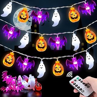 Halloween Lights Outdoor, 16FT 30 LED Pumpkin Bat Ghost Halloween String Lights Battery Operated with Timer, 8 Light Mode Waterproof Indoor Outdoor Halloween Decorations Light Home Yard Window Decor