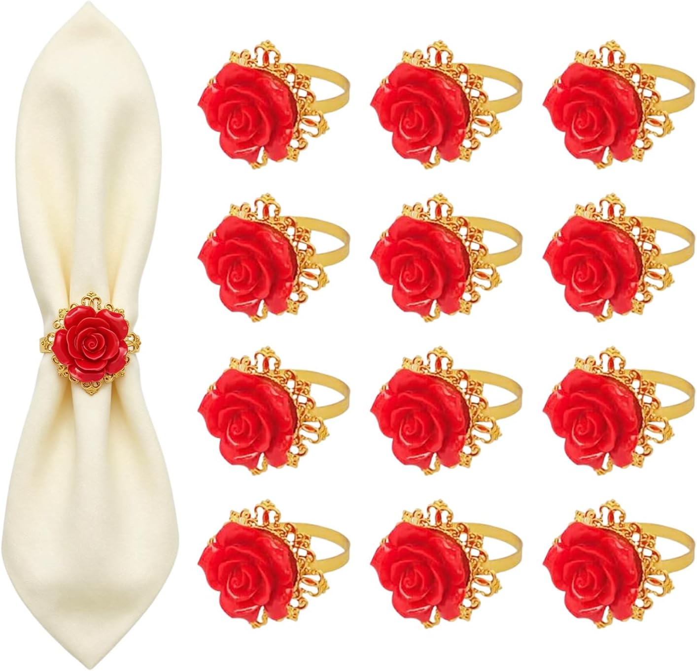 12Pcs Rose Napkin Rings, Flower Shape Metal Napkin Holder, Red