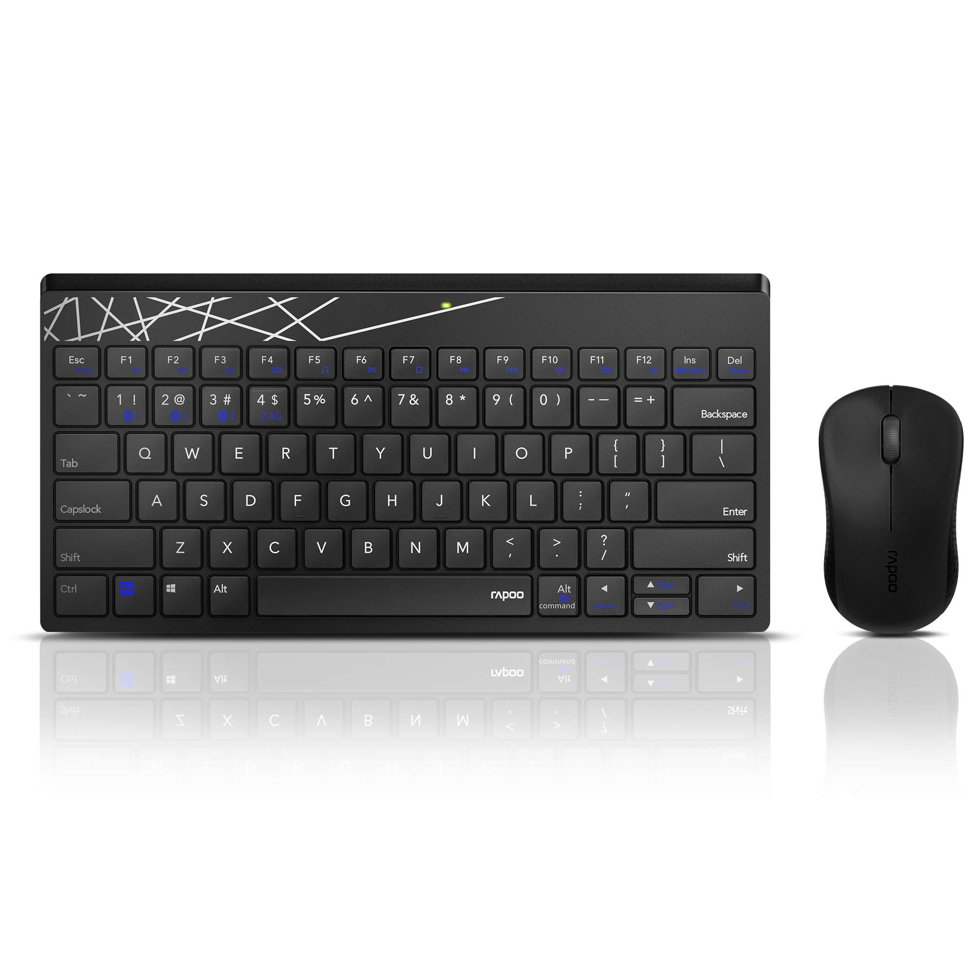 Rapoo 8000M Zestaw akcesoriów do Komputera, Klawiatura i Mysz Bezprzewodowa, Multi - Mode, Bezprzewodowy, Wireless, USB, 2,4 GHz, Bluetooth, Klawisze multimedialne, 1300 DPI, Czarny