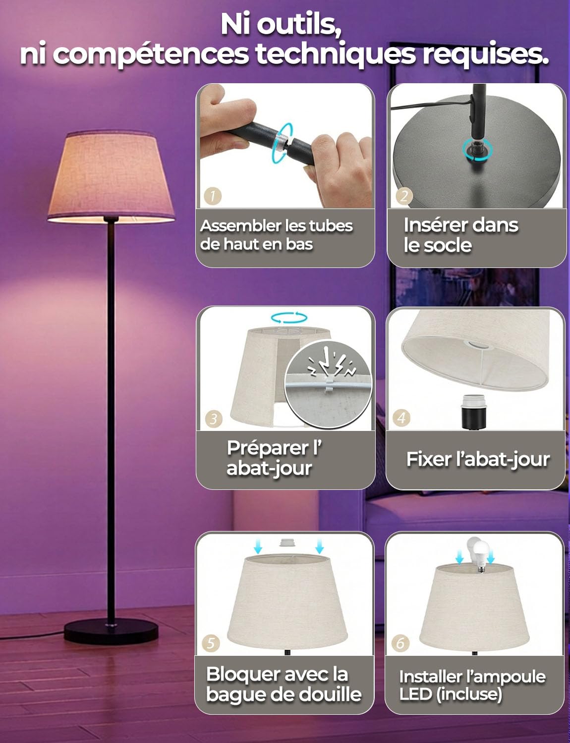 Lampadaire LED sur Pied Salon avec Variateur RGB, Double commande par Télécommande et interrupteur au pied, 9 couleurs + 6 modes Dynamiques, 152CM Moderne& 1200LM Ampoule, CRI92,pour Chambre et Bureau