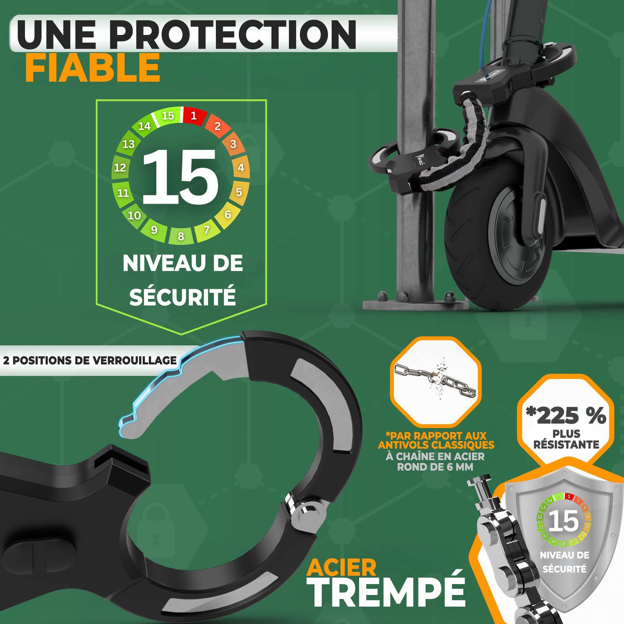 MIVELO Antivol de scooter électrique extra sûr - Cadenas à chaîne I Menottes pour scooter électrique I Haute sécurité - Avec support I Serrure E-Roller