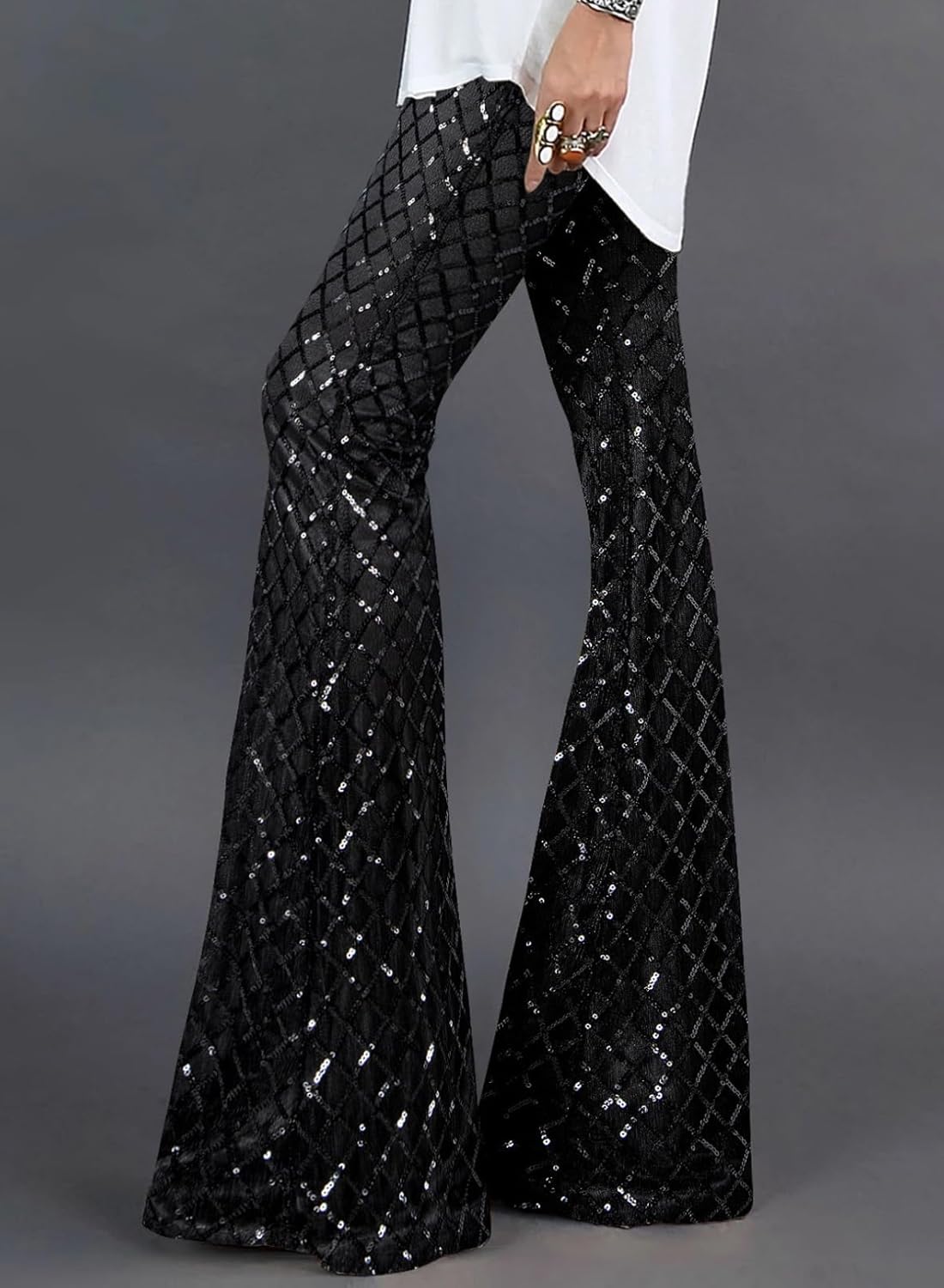 BLENCOT Women's Glitter Sequin Wide Leg Palazzo Pants High Waist Bell Bottoms Party Flared Trousers - Image 2