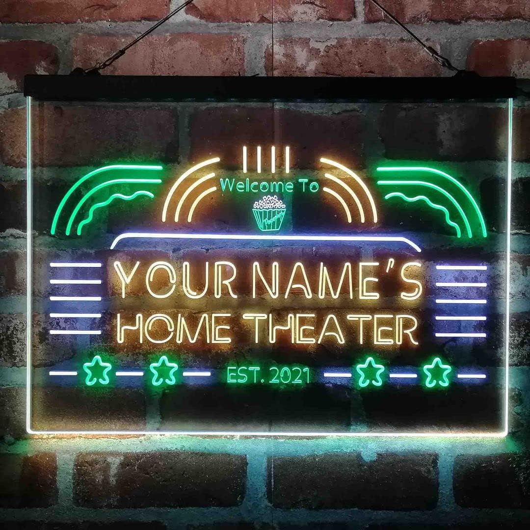 Personalized Home Theater Tri-Color LED Neon Light Sign Customize Name Date Text Quote Font White & Green & Yellow 17.7 x 13.6 Inches st9s43-ph1-tm-wgy