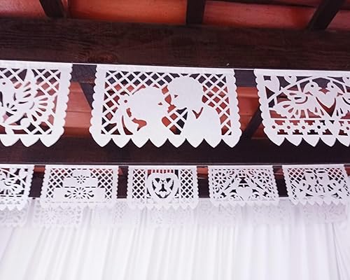 Miniatura 6 de Paquete de 5 decoraciones de boda mexicanas, 50 paneles de banderas de papel picado blanco para bodas, cenas de ensayo, 60 pies en total mexicano