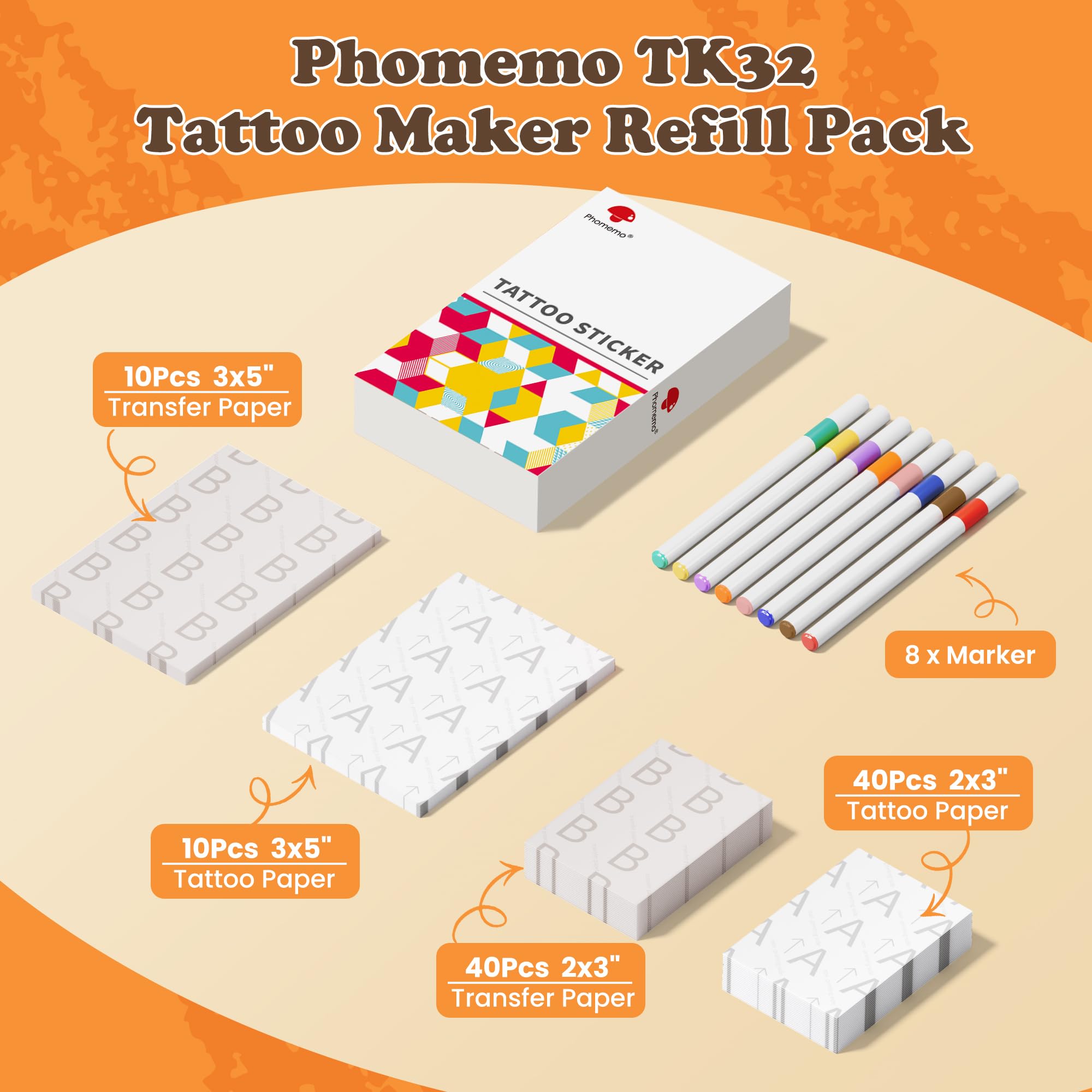 Phomemo TK32 Stampante Tattoo Temporanei Bambini Consumabili Kit, Contenente 50 Fogli di carta per tatuaggi e trasferimento (40 fogli da 2x3", 10 fogli da 3x5") e 8 penne marcatori