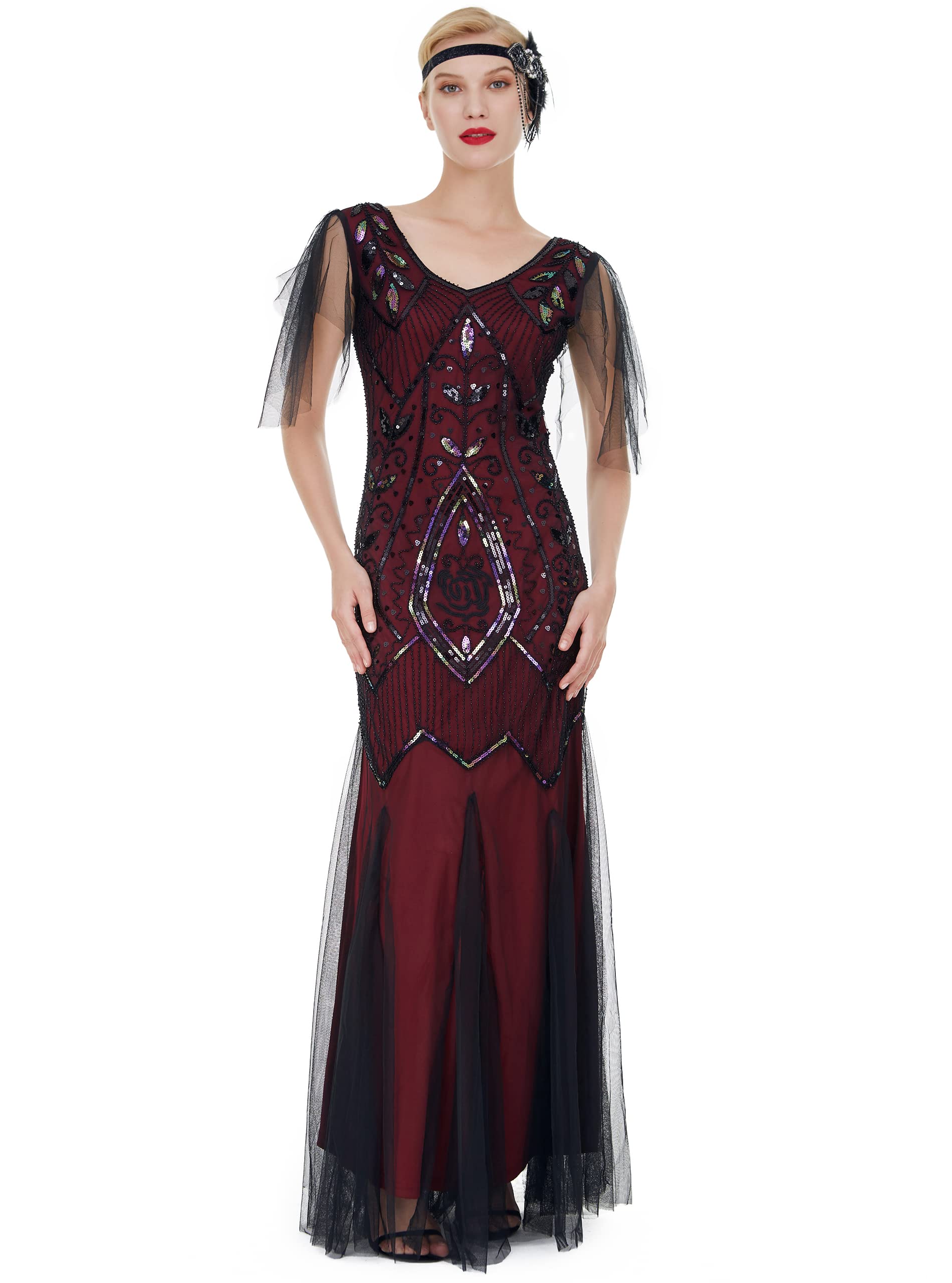 1920s Art Deco Sequin Maxi Dress, Vintage Flapper Gatsby Style, V-Neck with Tulle Sleeves, Long Evening Formal Gown