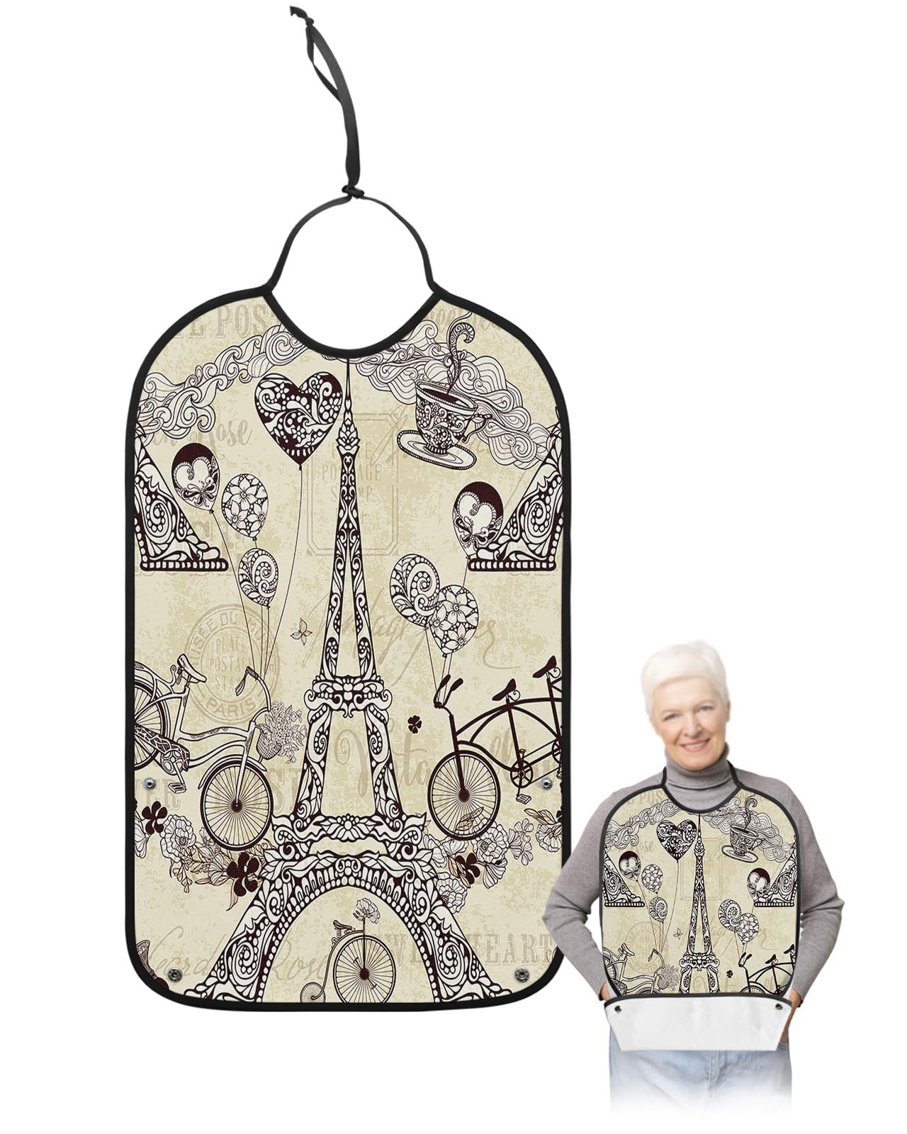 Valentines Eiffel Tower Adult Bibs for Eating, Waterproof Bibs with Food Catcher & Adjustable Snap Closure, Retro Bicycle Love Heart Balloon Clothing Protectors Adult Bibs for Elderly Women/Men