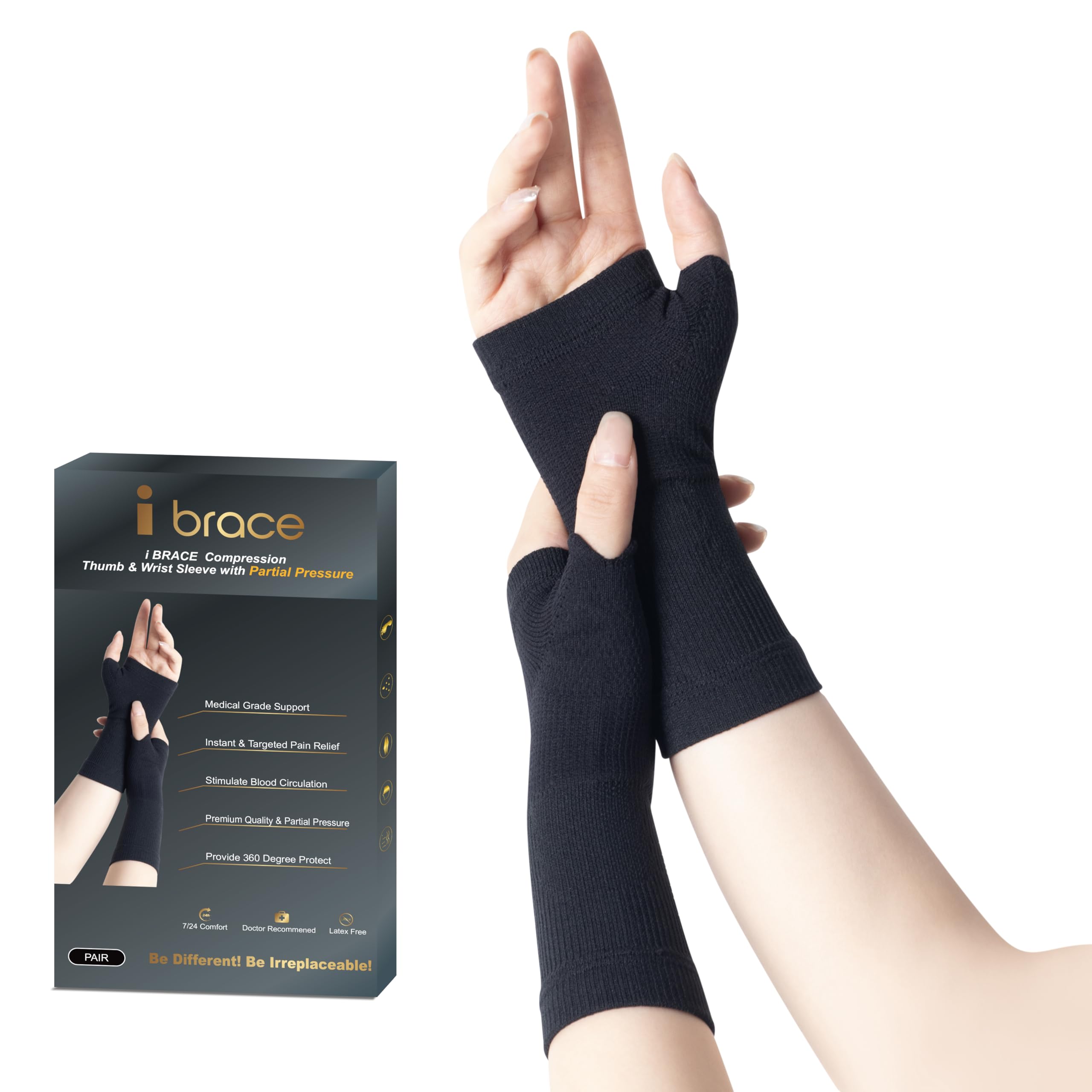 i BRACE Partial Zone Compression Wrist Sleeve for Carpal Tunnel with Thumb Support, Reversible Splint for Typing, Gardening, Golf, Yoga, Tennis, Wrist Support Brace for Men & Women-PAIR