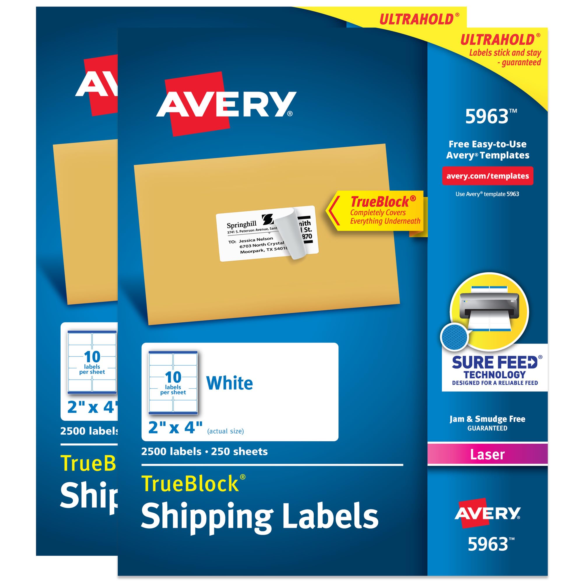 Avery Etichette per spedizioni, tecnologia TrueBlock, adesivo permanente, 5,1 x 10,2 cm, scatola da 2.500, confezione da 2 (5963)