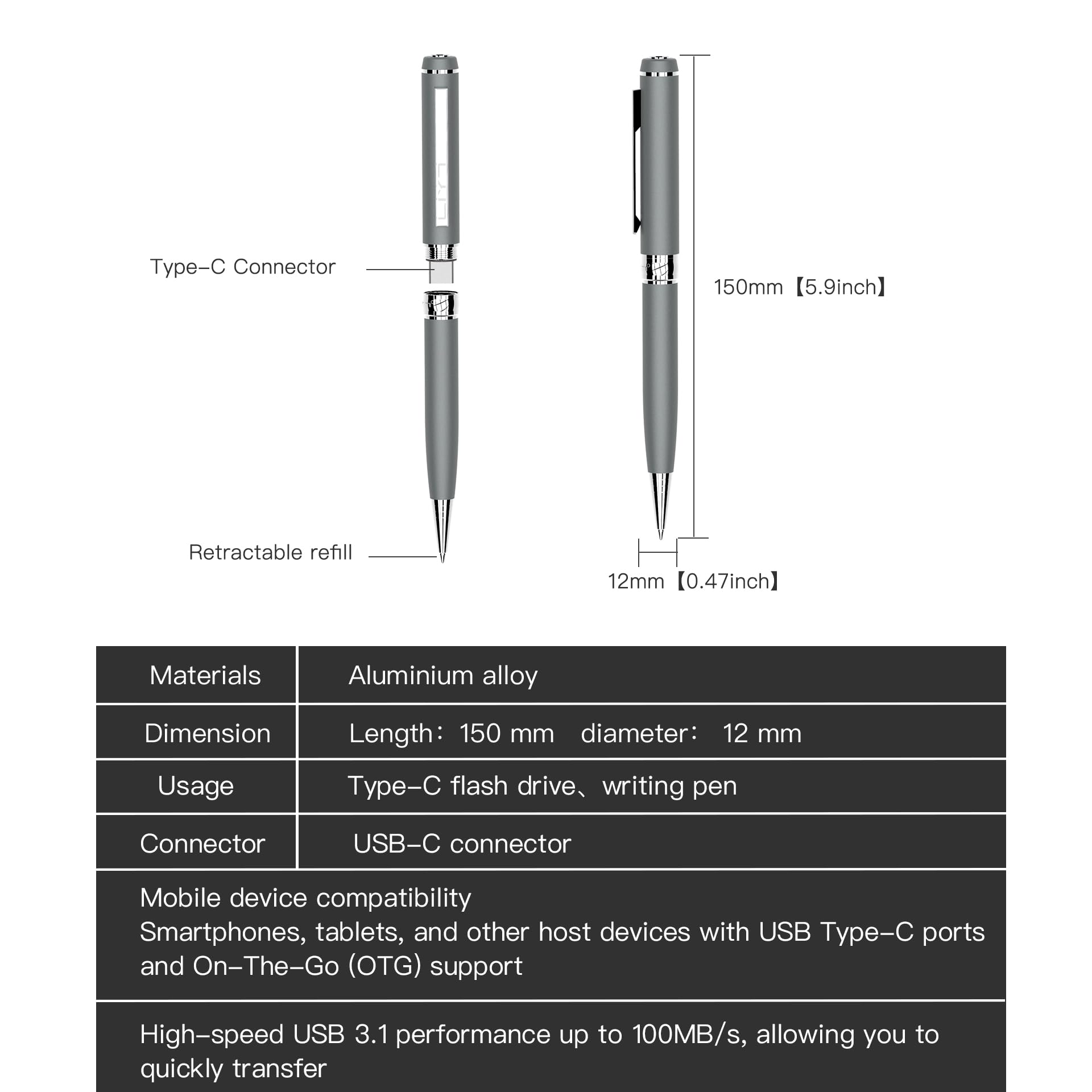 Penna USB C Flash Drive, chiavetta USB portatile con design a penna, tipo C + USB-A Dual 3.0 Flash Drive ad alta velocità con scrittura fluida, compatibile con smartphone, tablet, computer, iPhone 15