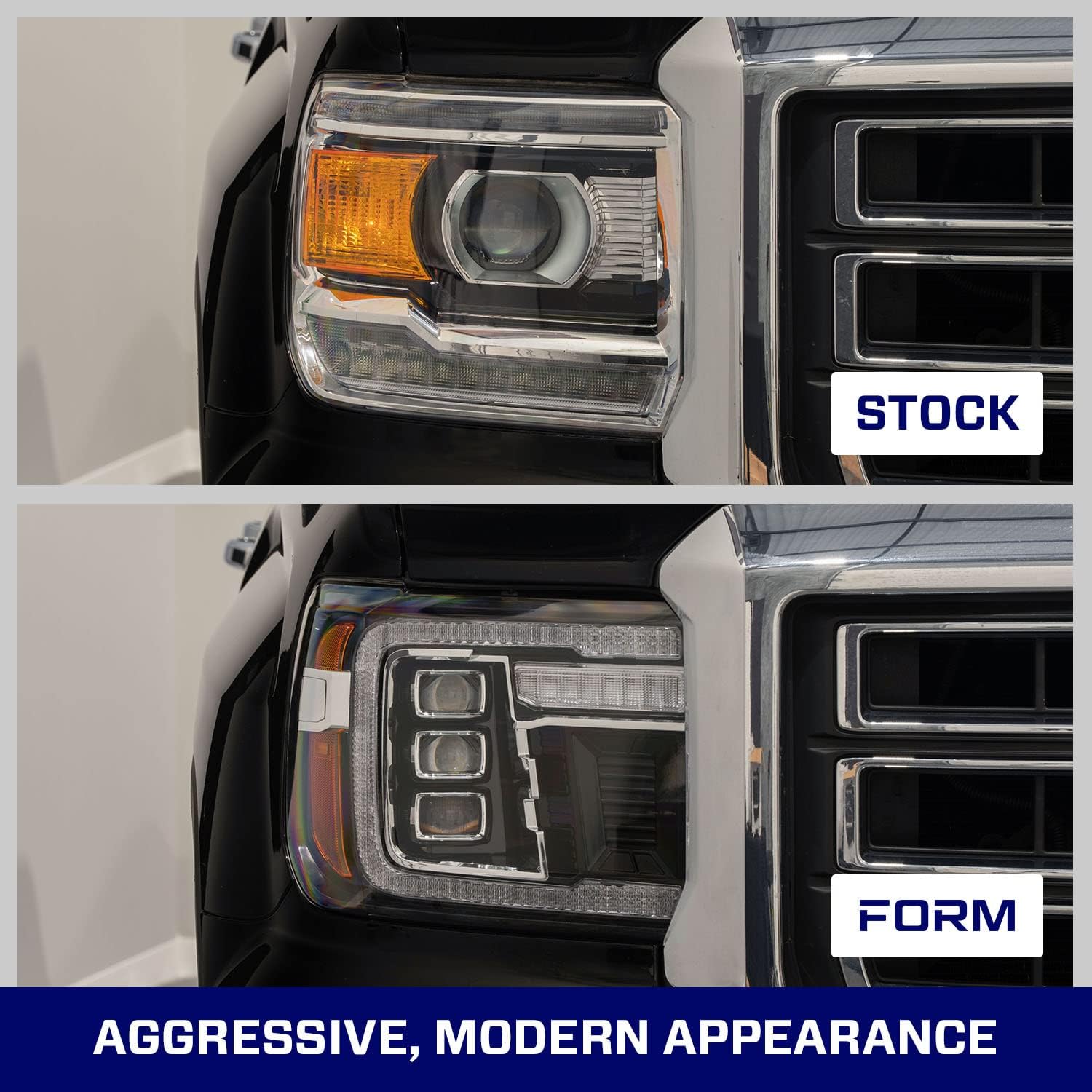 Form Lighting Sequential LED Projector Headlights with White DRL compatible with GMC Sierra 1500/2500/3500 2014-2018 (pair)