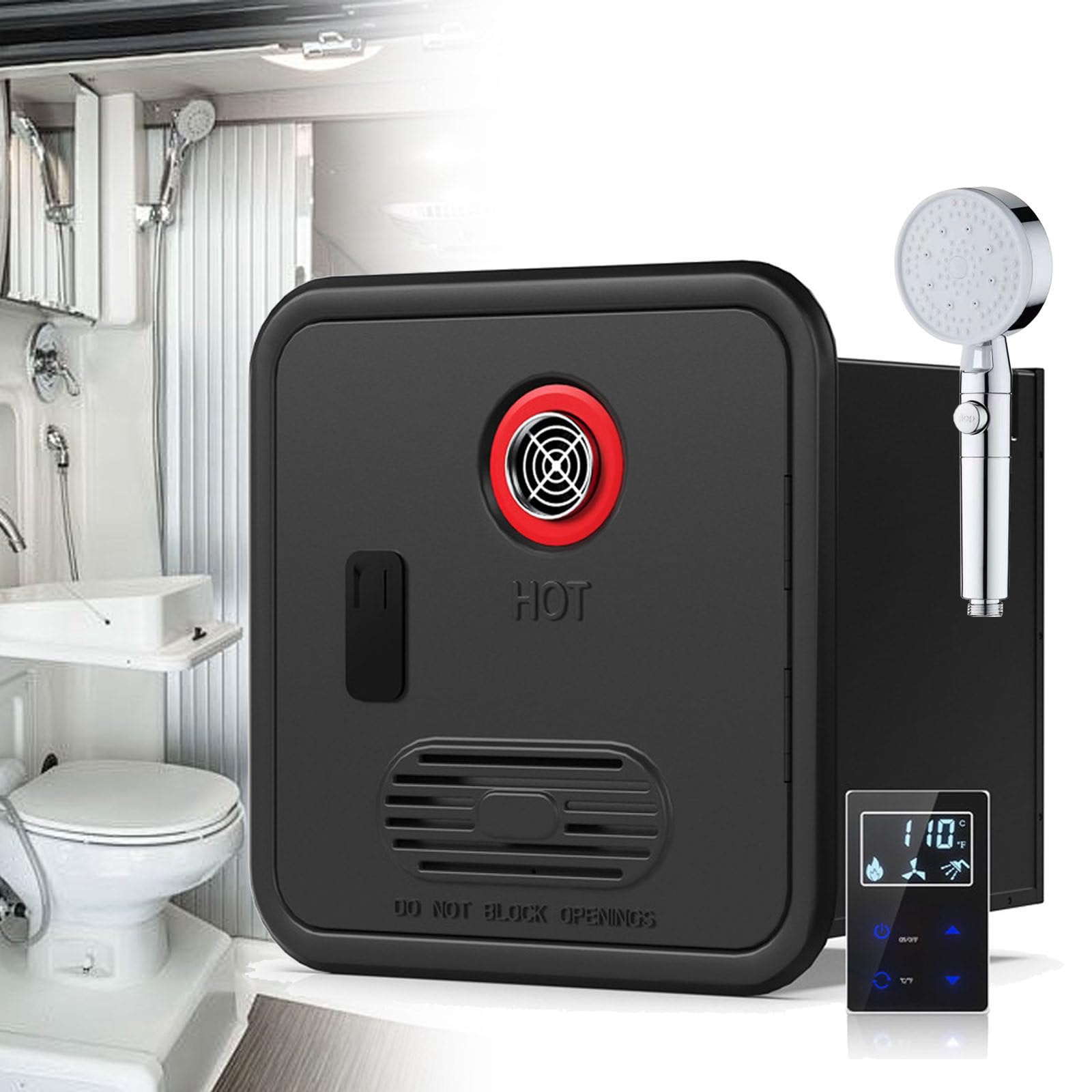 Camper Hot Water Heater, Electric RV Tankless Water Heater, With 15 X 15 Inches Door and Remote Controller, Best High Altitude Performance, DC 12V, For Rvers' Everyday Use WithShowerHead-Black