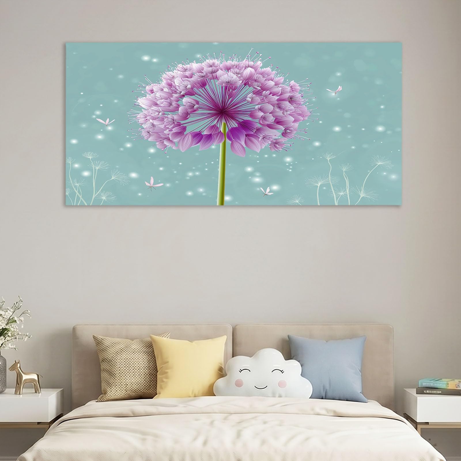 Lienzo decorativo para pared, 90 x 60 cm, diseño de flores con pompón verde, para salón, dormitorio, oficina