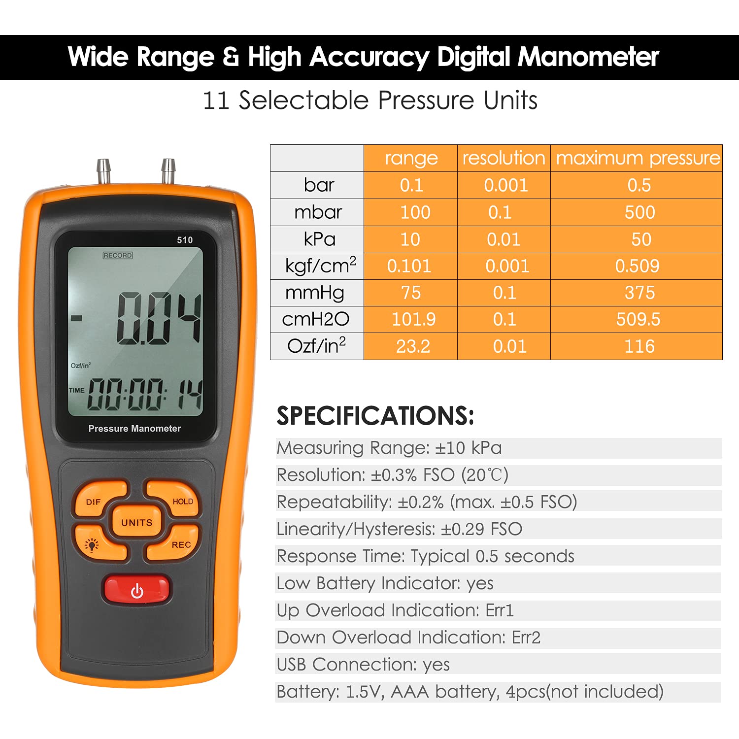 Manómetro digital de precisión ± 10 kPa, medidor de presión diferencial, micromanómetro para válvulas de gas, interruptores de presión, sistema HVAC al vacío, horno, caldera, calentador de agua, aire