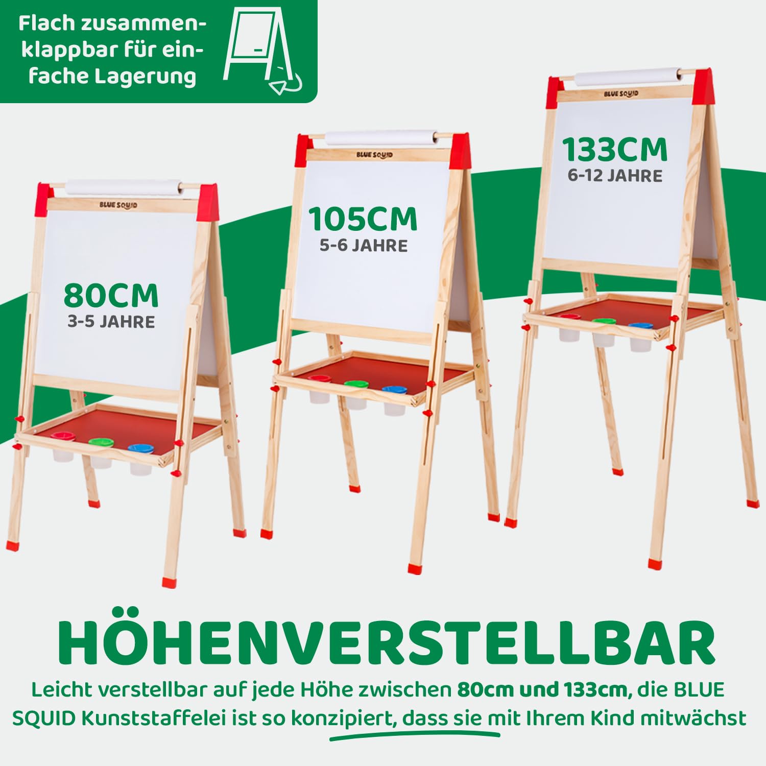 Kunst Staffelei für Kinder mit Zubehör- Doppelseitige hölzerne Tafel für Kinder mit magnetischer Kreidetafel, abwischbarem Whiteboard & Papierrolle, Kindertafel mit Kreide und Magnet 2-4 4-8 9-12