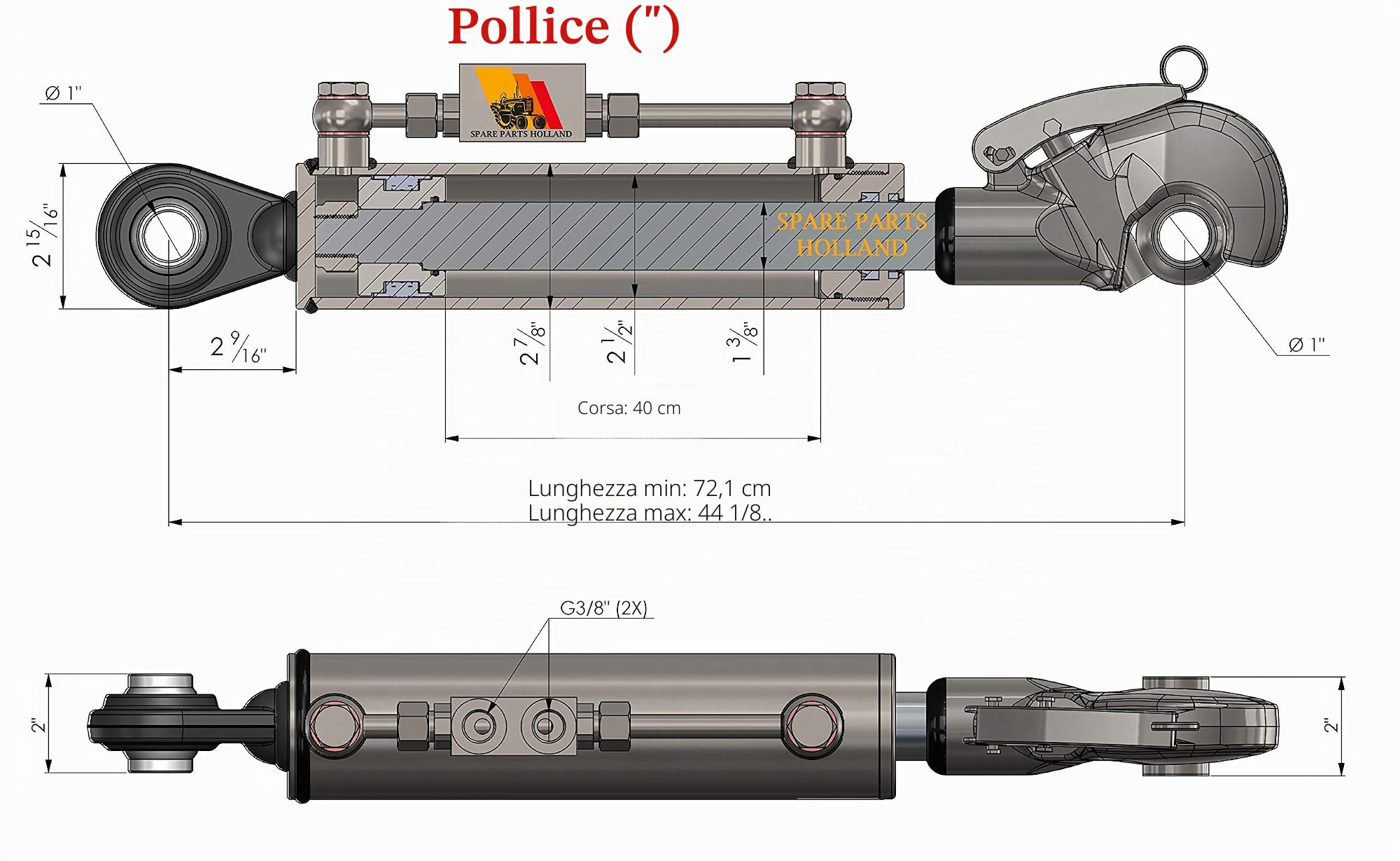 Terzo punto idraulico per trattore CAT 2 + 2 Gancio di Cattura 28 3/8" - 44 1/8" Blocco Bloccaggio Tubi Corsa 15-3/4"