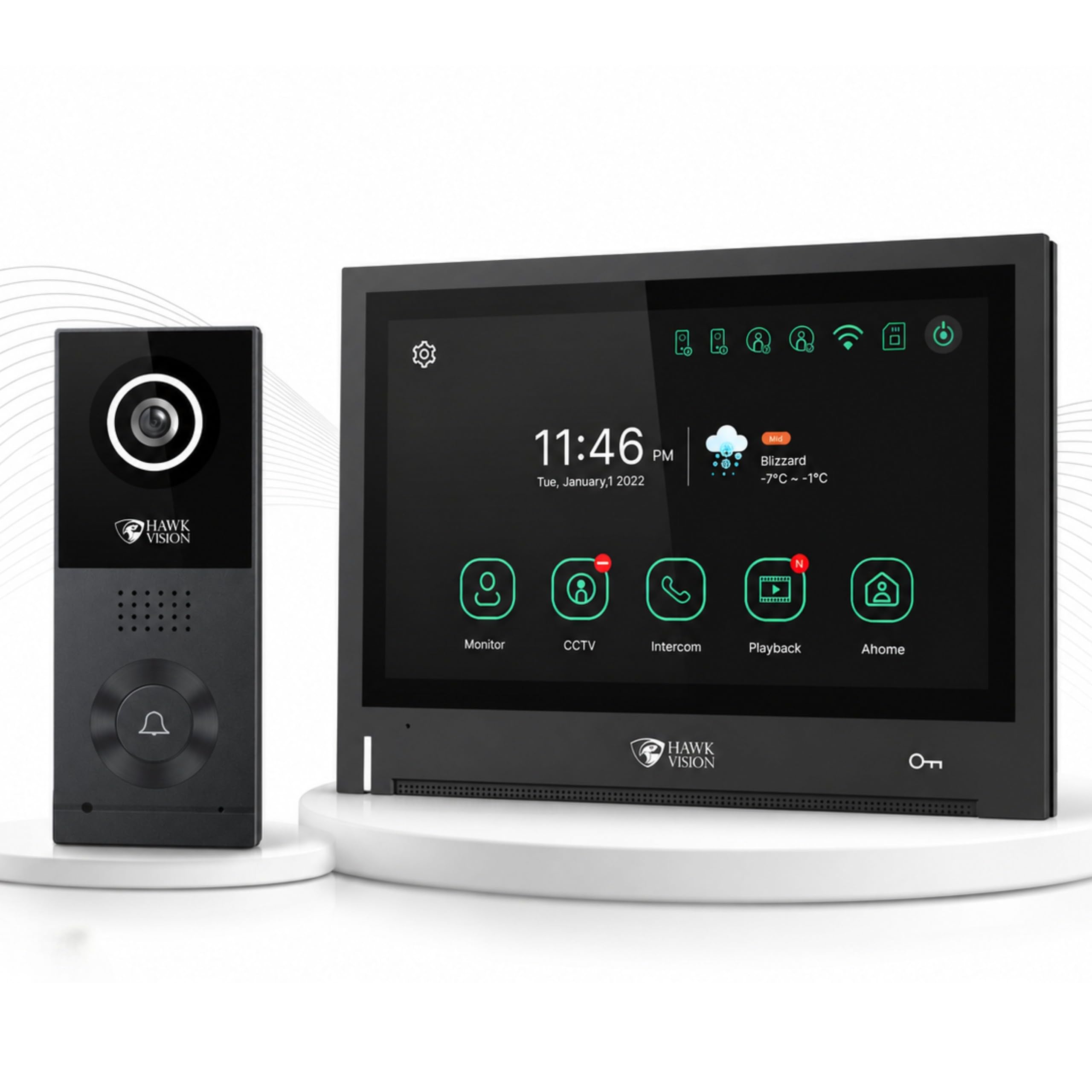 hawkvision smart wifi video door phone, 7 inch ips capacitive touch monitor,2mp fhd 1080p outdoor camera,remote app control, two-way audio, motion detection, ip65,ir night vision,128gb tf card support