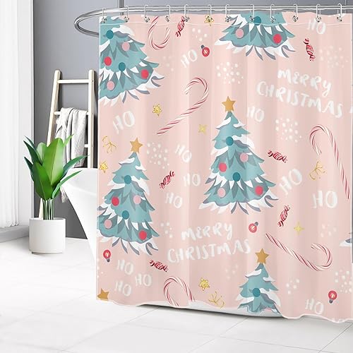 Miniatura 2 de Cortina de ducha azul con árbol de Navidad para baño, divertido patrón de dibujos animados y estrellas dulces sobre tela rosa con 12 ganchos, juego