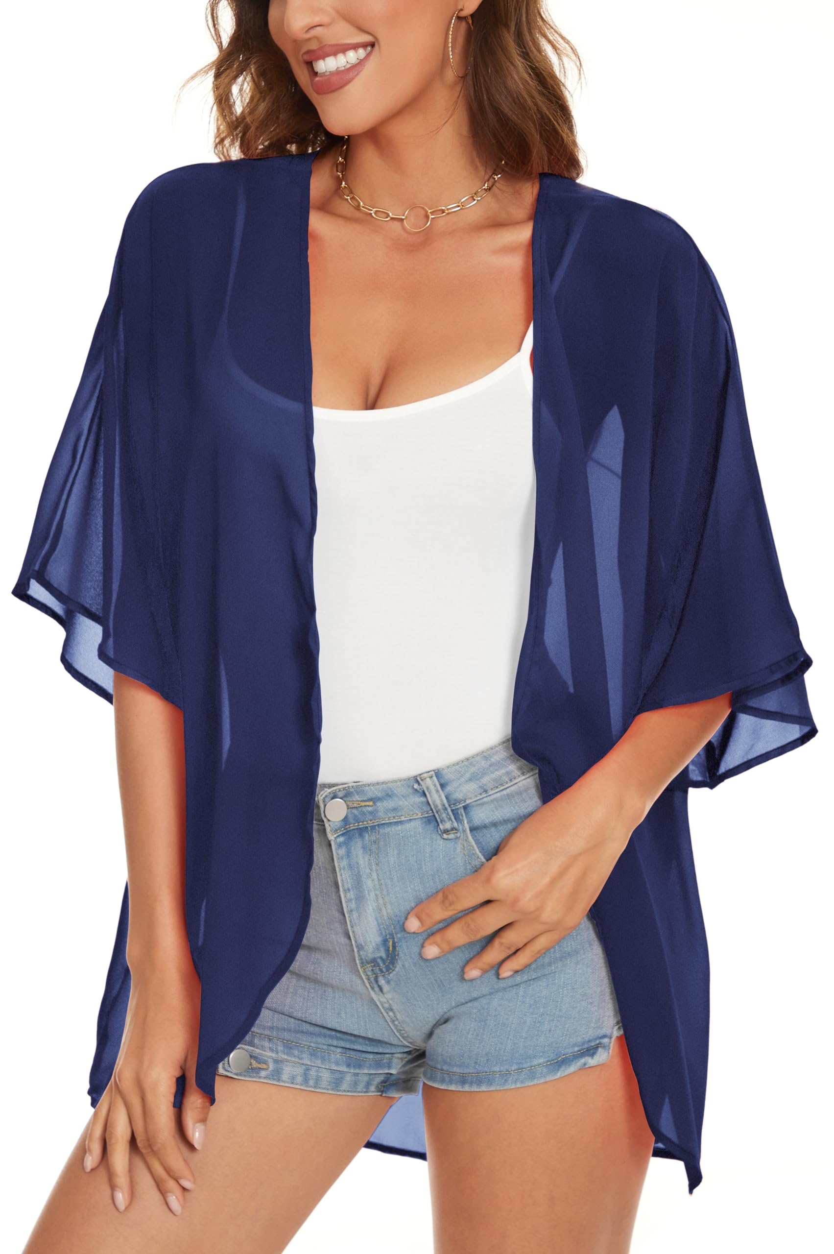 ADOREJOY Women's Tops Summer Kimono Cardigan Floral Print Puff Sleeve Swimsuit Cover Up Casual Loose Fit Blouse — view 22