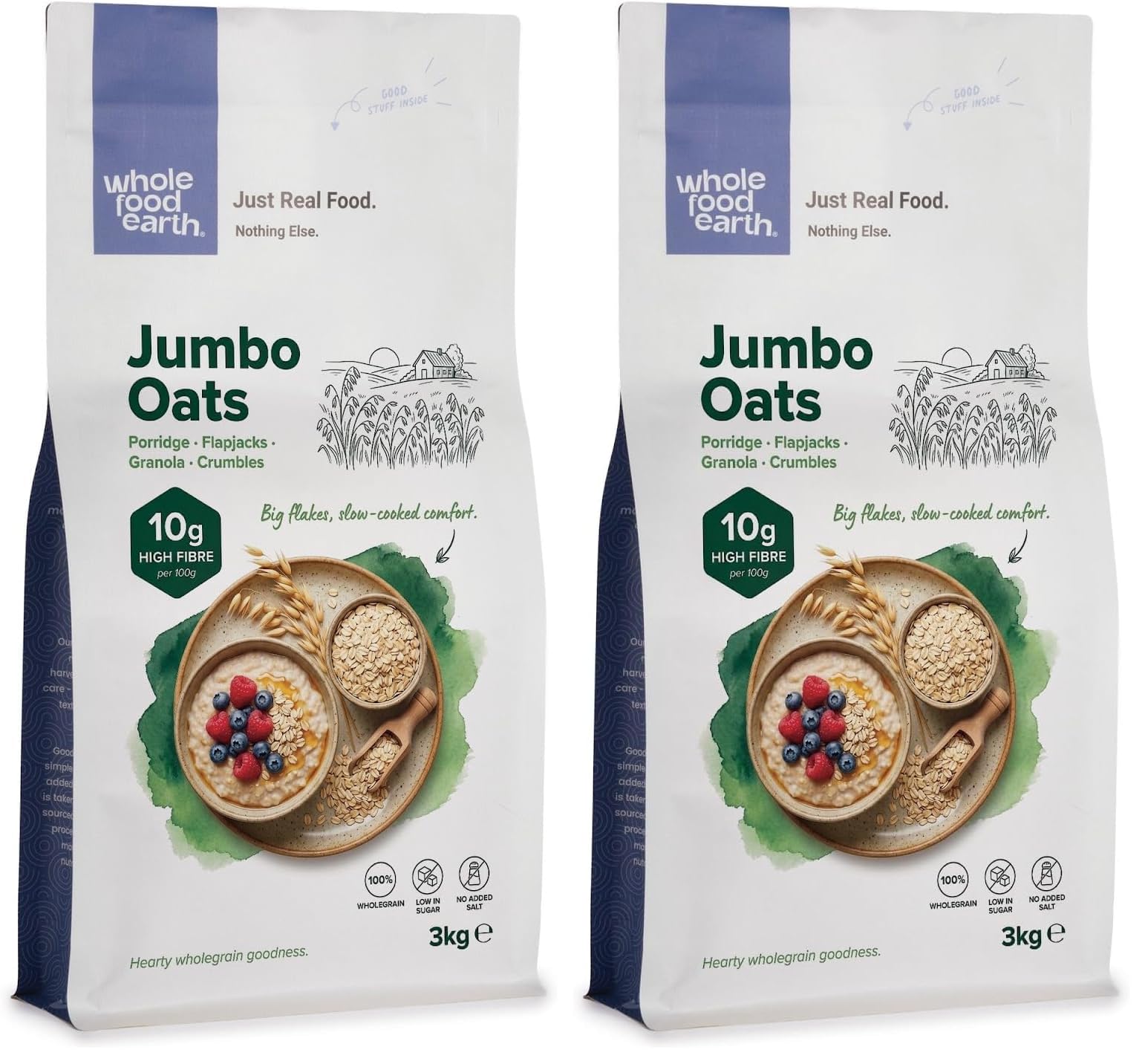 Wholefood Earth Bio-Jumbo-Haferflocken ohne Gluten – 3 kg | GVO-frei | Vegan | Ballaststoffreich | Bio-zertifiziert (Packung mit 2)