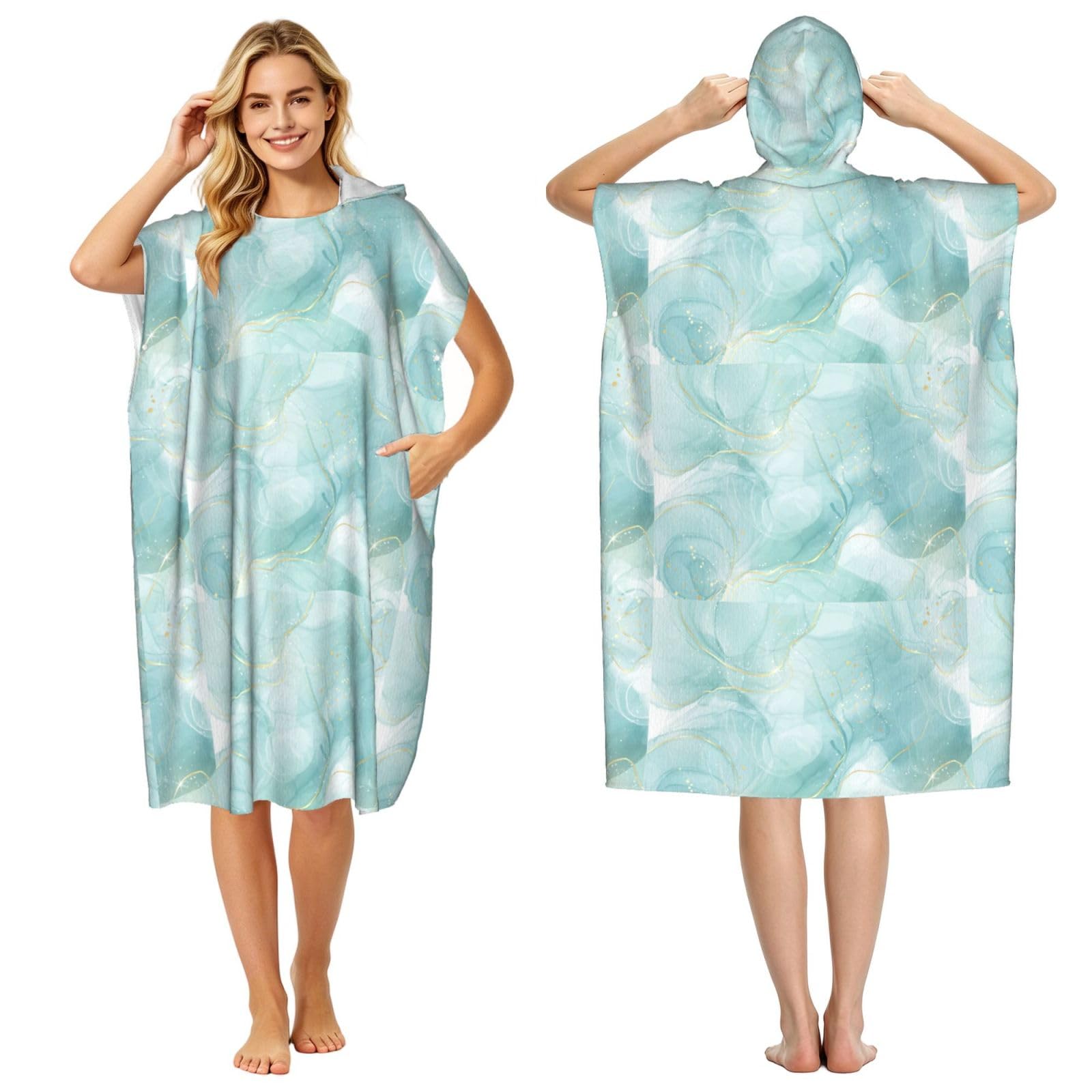 Poadnly Pastel Mint Green Marble, Adult Hooded Beach Towel 90 x 110 cm,Changing Bath Robe, Surf Poncho Towel For Women Men