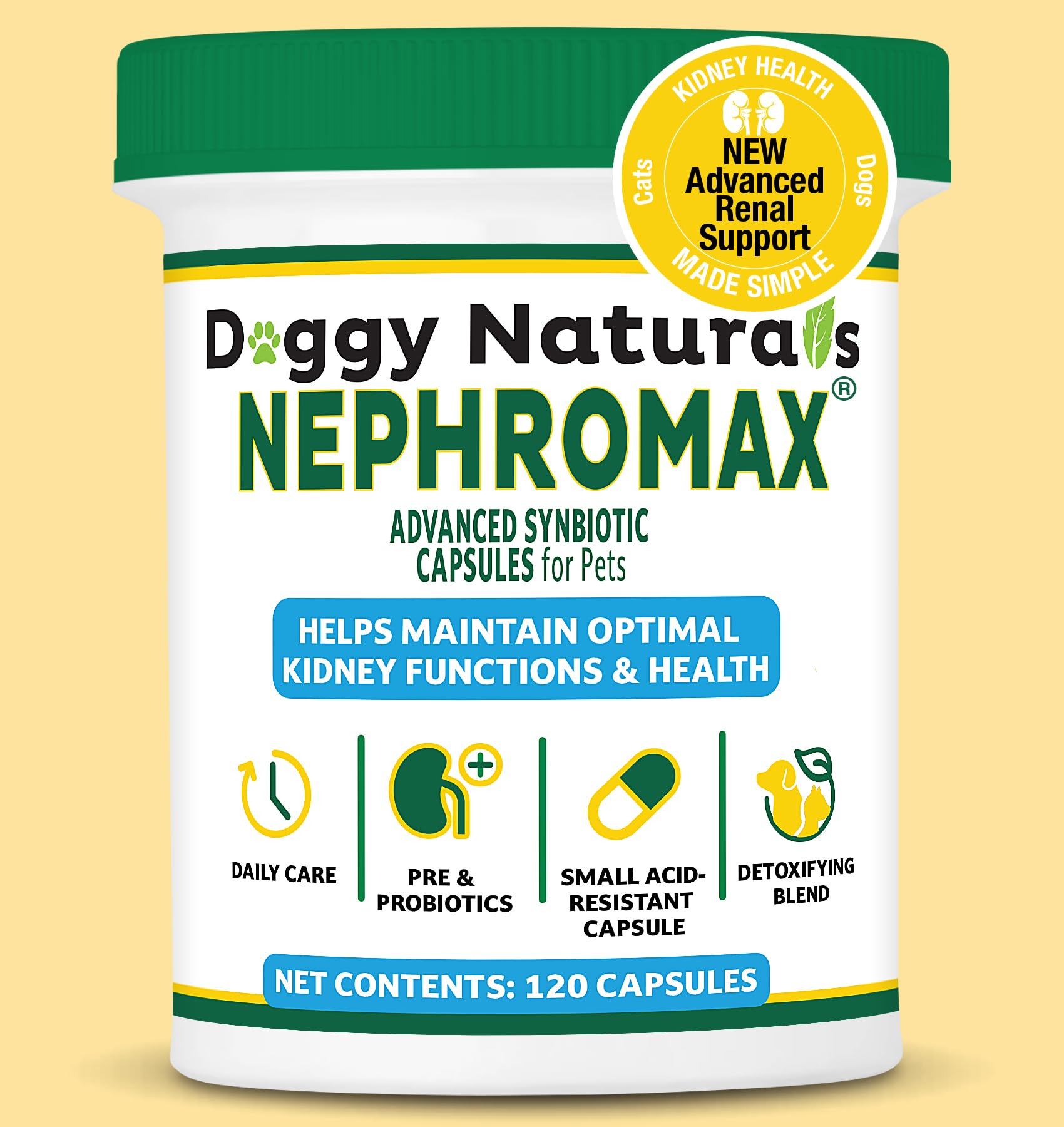 NEPHROMAX™ Synbiotic Capsules for Kidney Support for Dogs & Cats (120 Small Capsules) - Advanced Next-Generation Enteric detoxifying Blend of Pre &