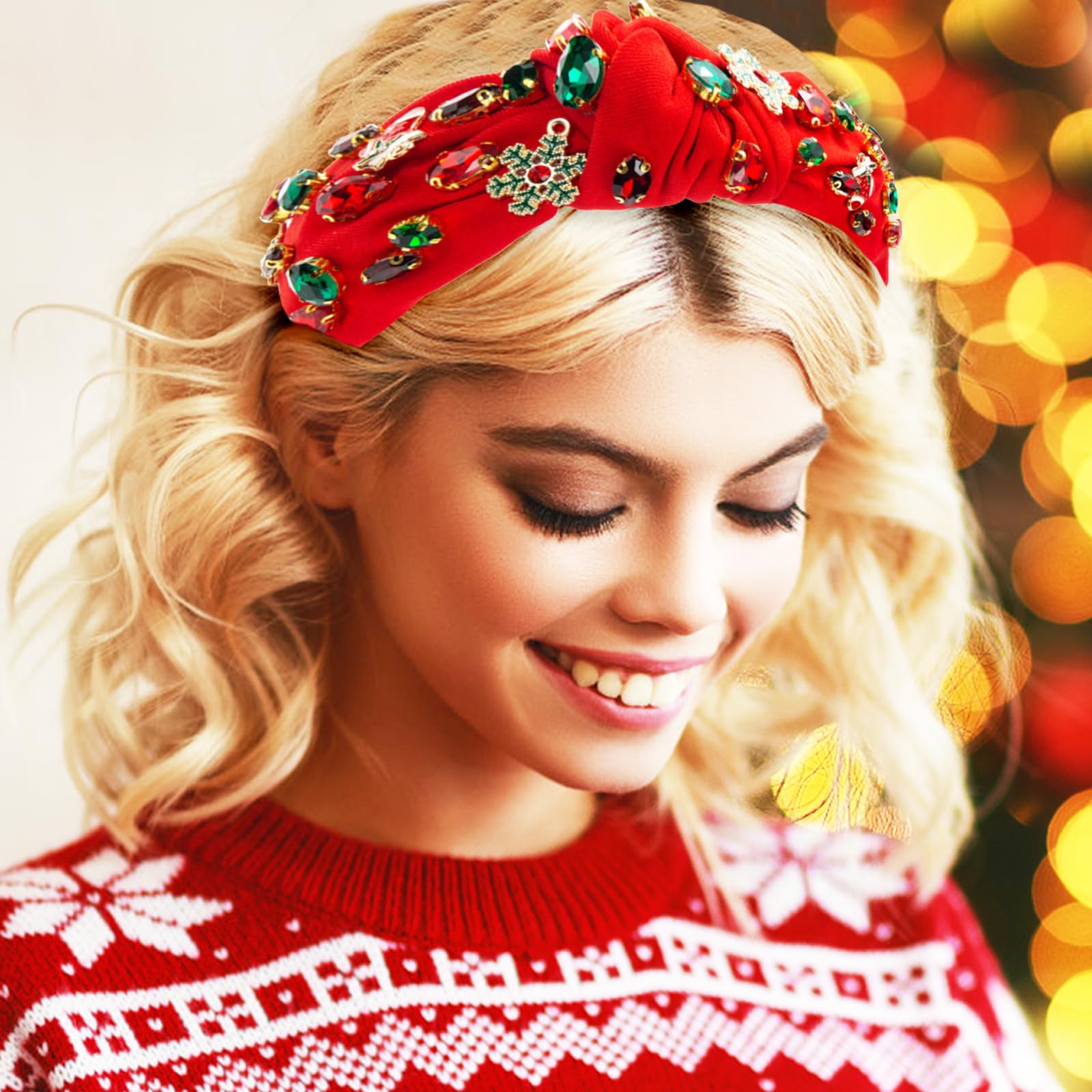 Cerchietto Natalizio Con Cristalli Rossi E Verdi E Nodo Largo - Accessorio Per Capelli Festivo Per Donne E Ragazze, Taglia Unica Elastica