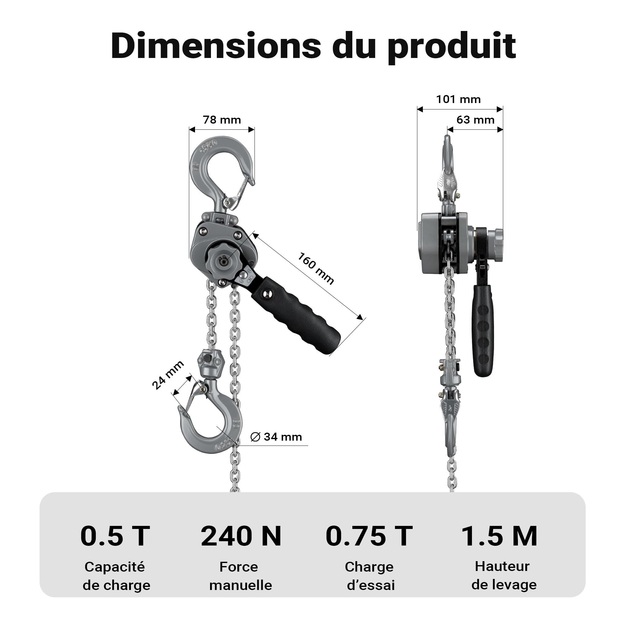 Wiltec Palan à chaîne manuel à levier VM0.5 – 0,5 t x 1,5 m – en Aluminium – Hauteur de levage standard 1,5 m – Palan mécanique de levage