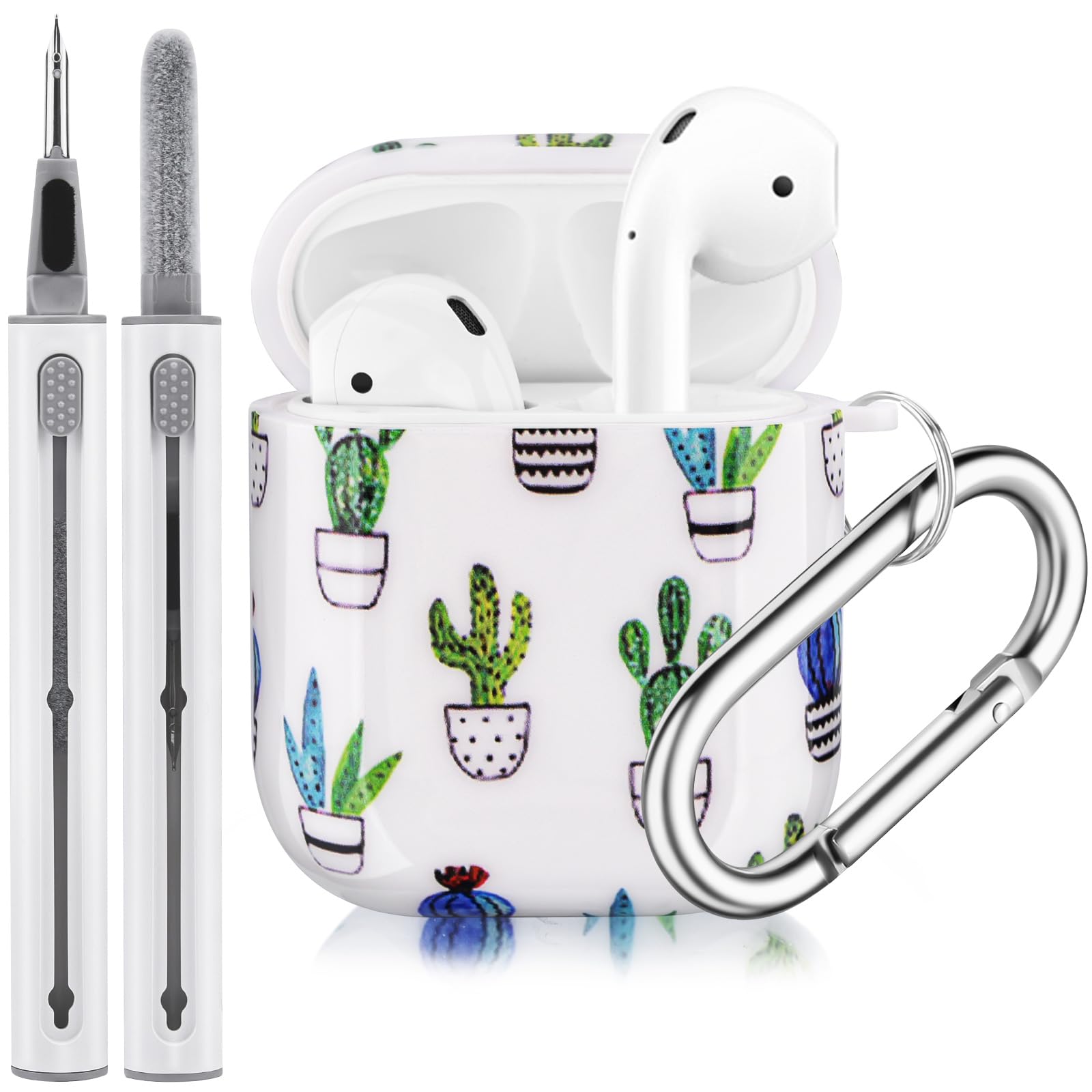 CAGOS for Airpod Case, Come with Airpod Cleaner Kit, Cute Patterns Protective Hard TPU Airpods Gen 2 Case Cover Compatible with Apple Airpods 2nd 1st Generation Case for Women Men, White Cactus