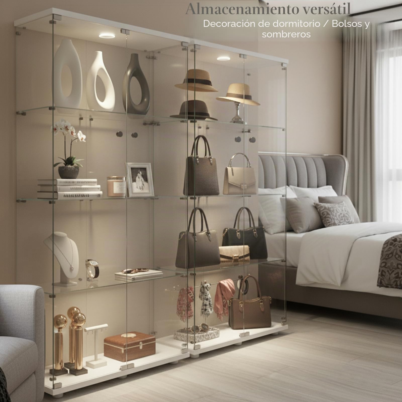 Vitrina de Cristal con iluminación LED, Color Blanco, 80,6 x 36,5 x 164,5 cm, Dos Puertas con Cerradura, Vitrina de Cristal de pie con 3 estantes de Cristal, Vitrina para salón, Dormitorio