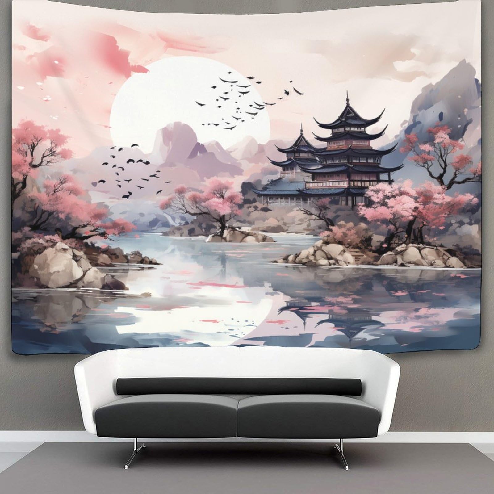 Mjczegdcr 3D Print Japanese Cherry Blossoms Wall Tapestry Tapestry Wall Hanging Decoration Tapestries Bedroom Wall Decor Soft Polyester,For Bedroom,Decorations Beach Blanket College Dorm 100Cmx150cm