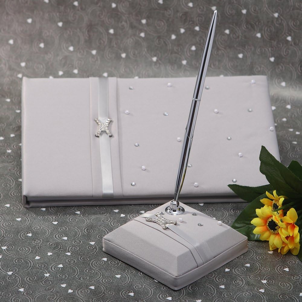 KateMelon Platinum Strip and Rhinestones Wedding Guest Book and Pen Set