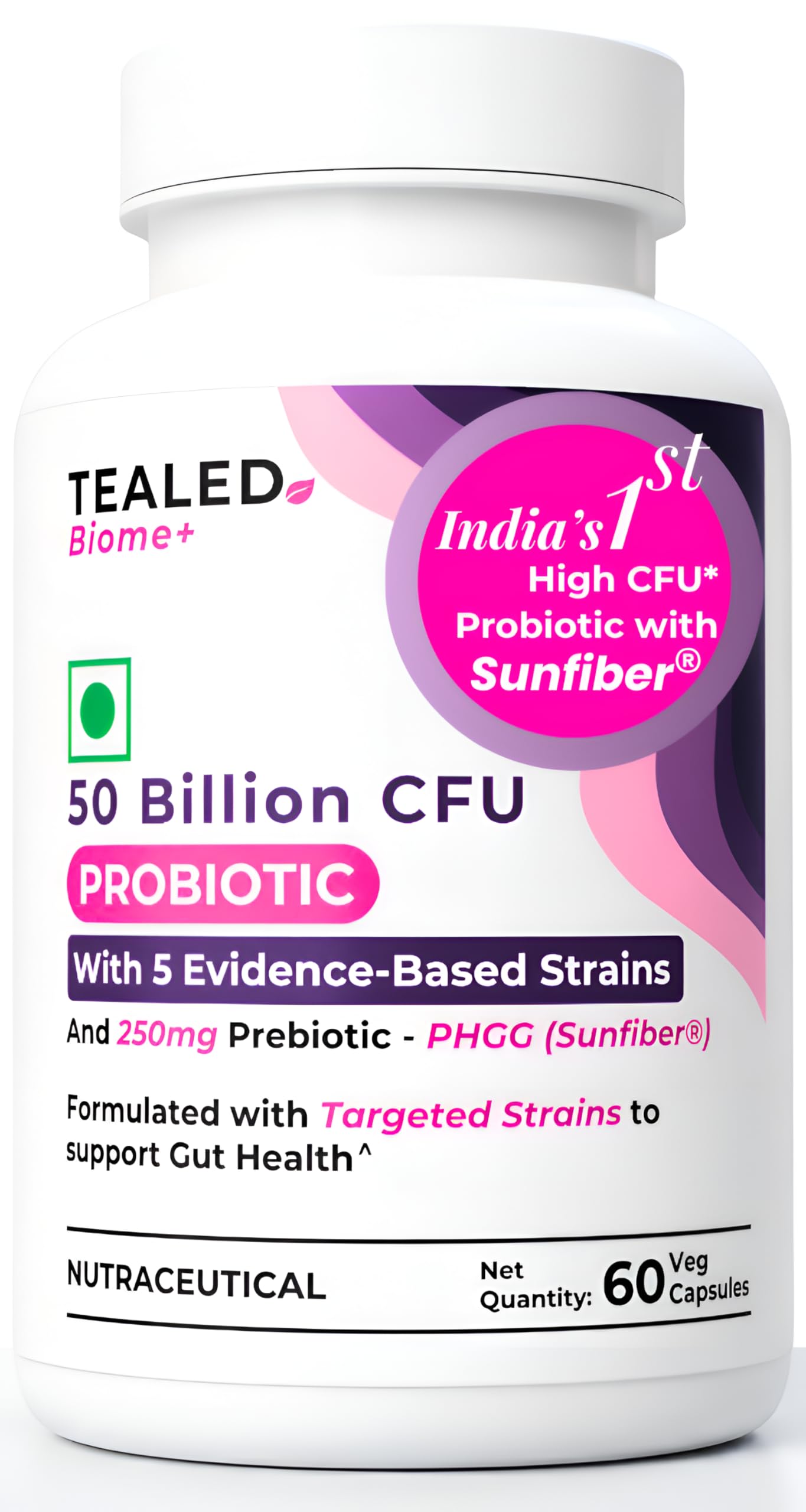 Tealed Biome+ Probiotic | 50 Billion CFU | 5 Evidence Based Strains + Sunfiber® 250mg Clinically Researched Prebiotic | Gut Health | Immunity | Bloating Relief | 60 Vegan Capsules