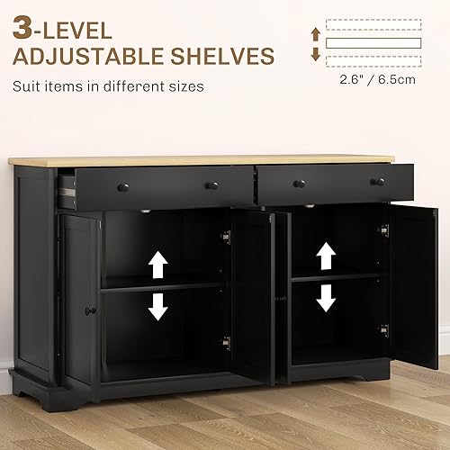 Vista 158 de HOMCOM Sideboard with Solid Wood Countertop, Modern Kitchen Storage Cabinet, Coffee Bar Cabinet with 2 Drawers, Doors and Adjustable Shelf, Black